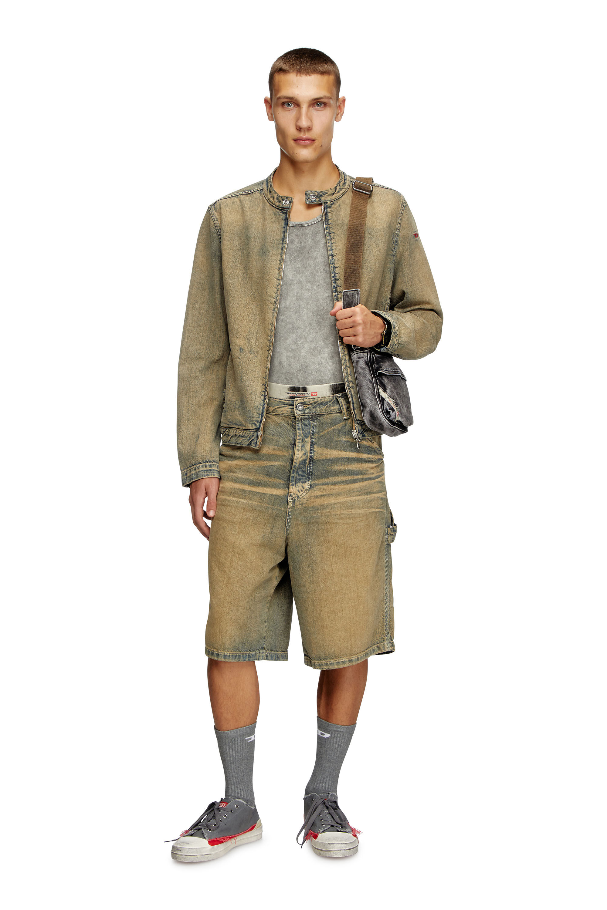 Diesel - D-GLORY, Man's Moto jacket in gold-brush denim in Medium blue - 1