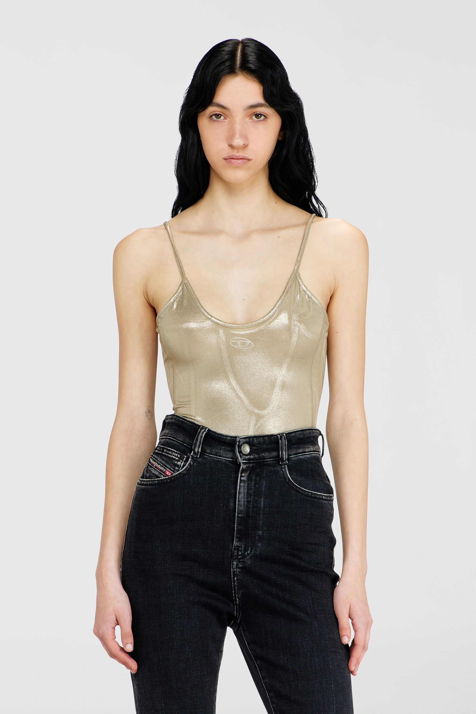 Diesel - T-IMYNY, Woman's Shiny jersey bodysuit with round neck in Gold - 3