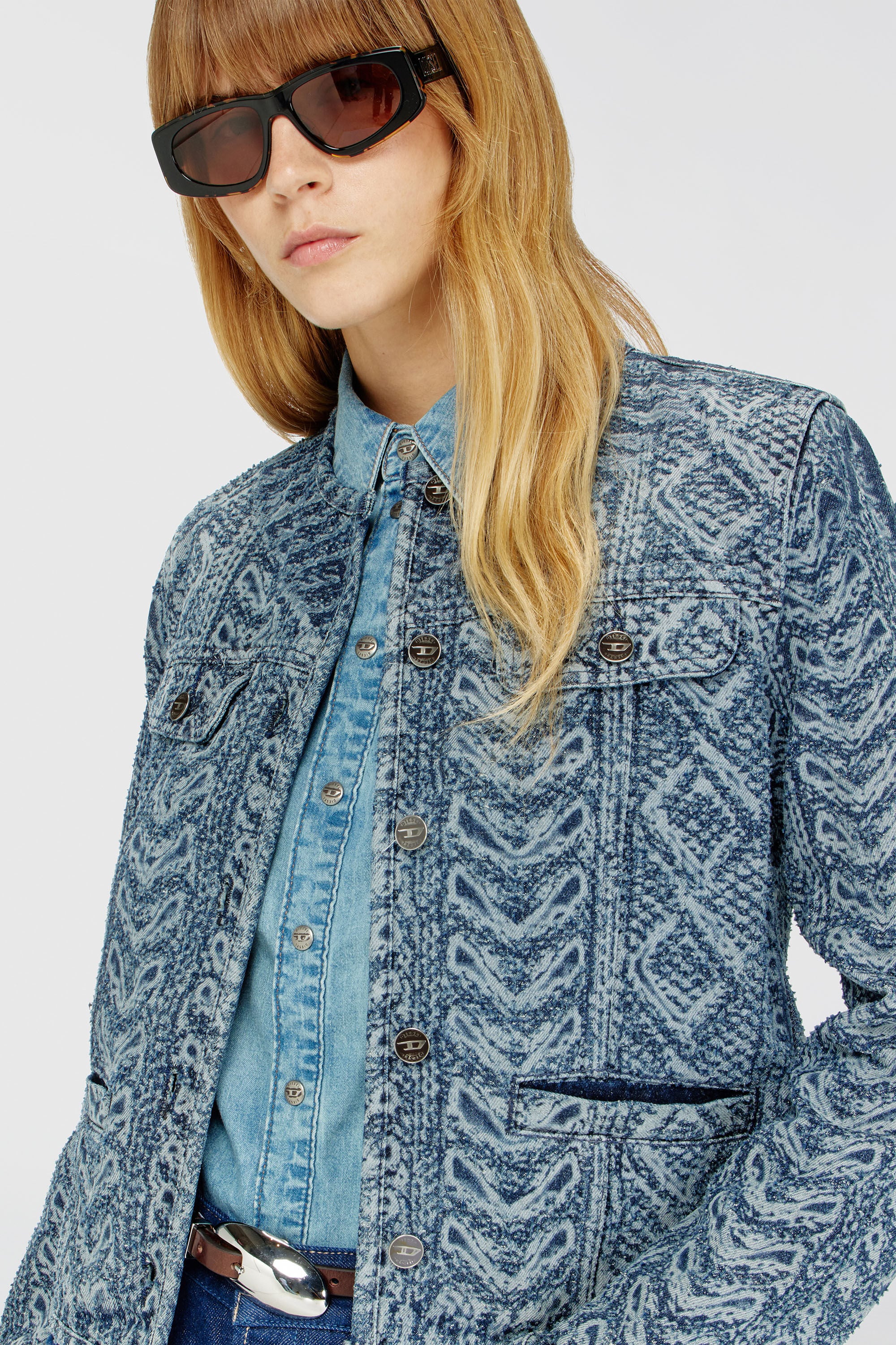 Diesel - DE-GRAFY-S2, Woman's Collarless jacket in cable-knit-effect denim in Medium blue - 5