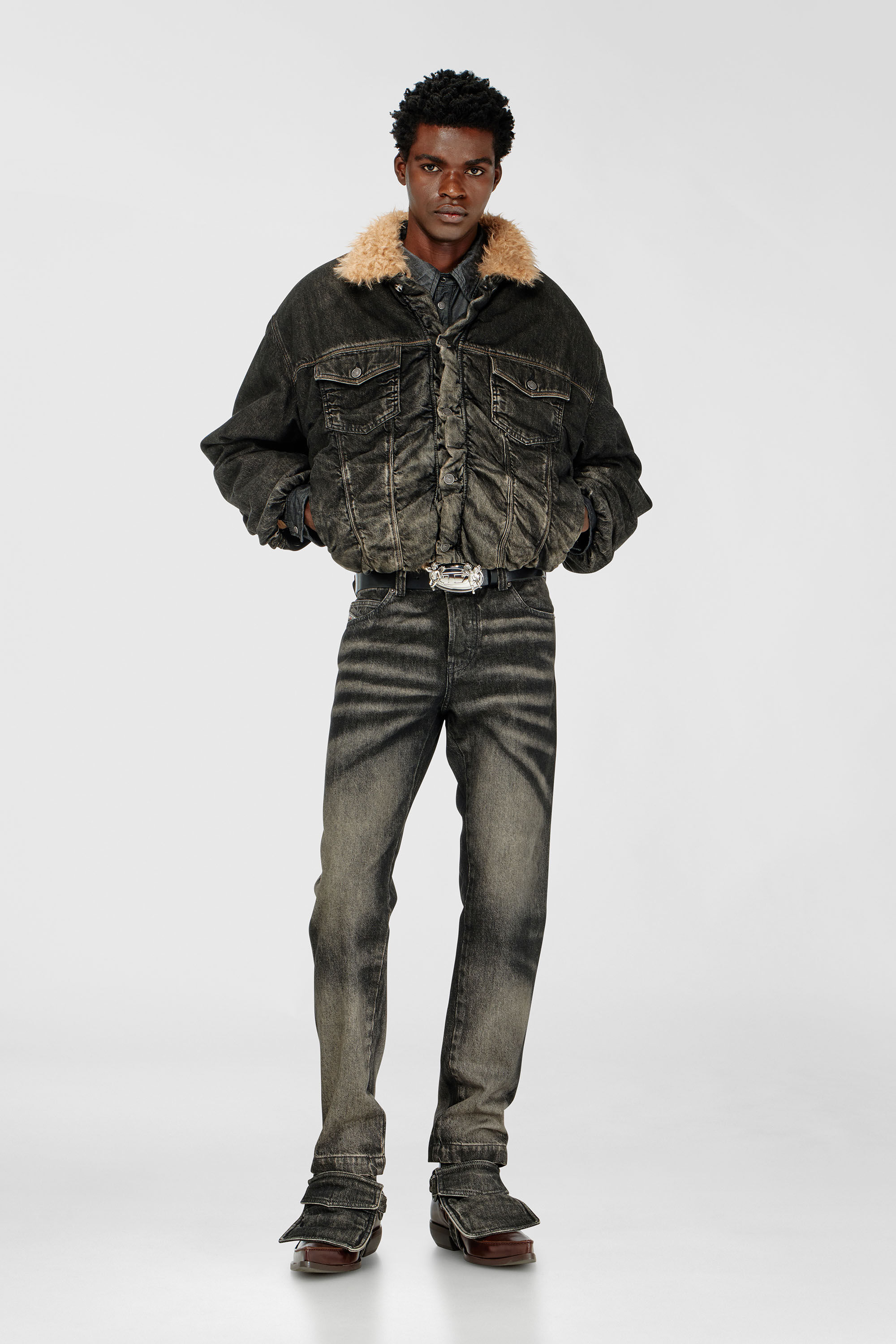 Women's Teddy-lined trucker jacket in dirty-effect denim | Black