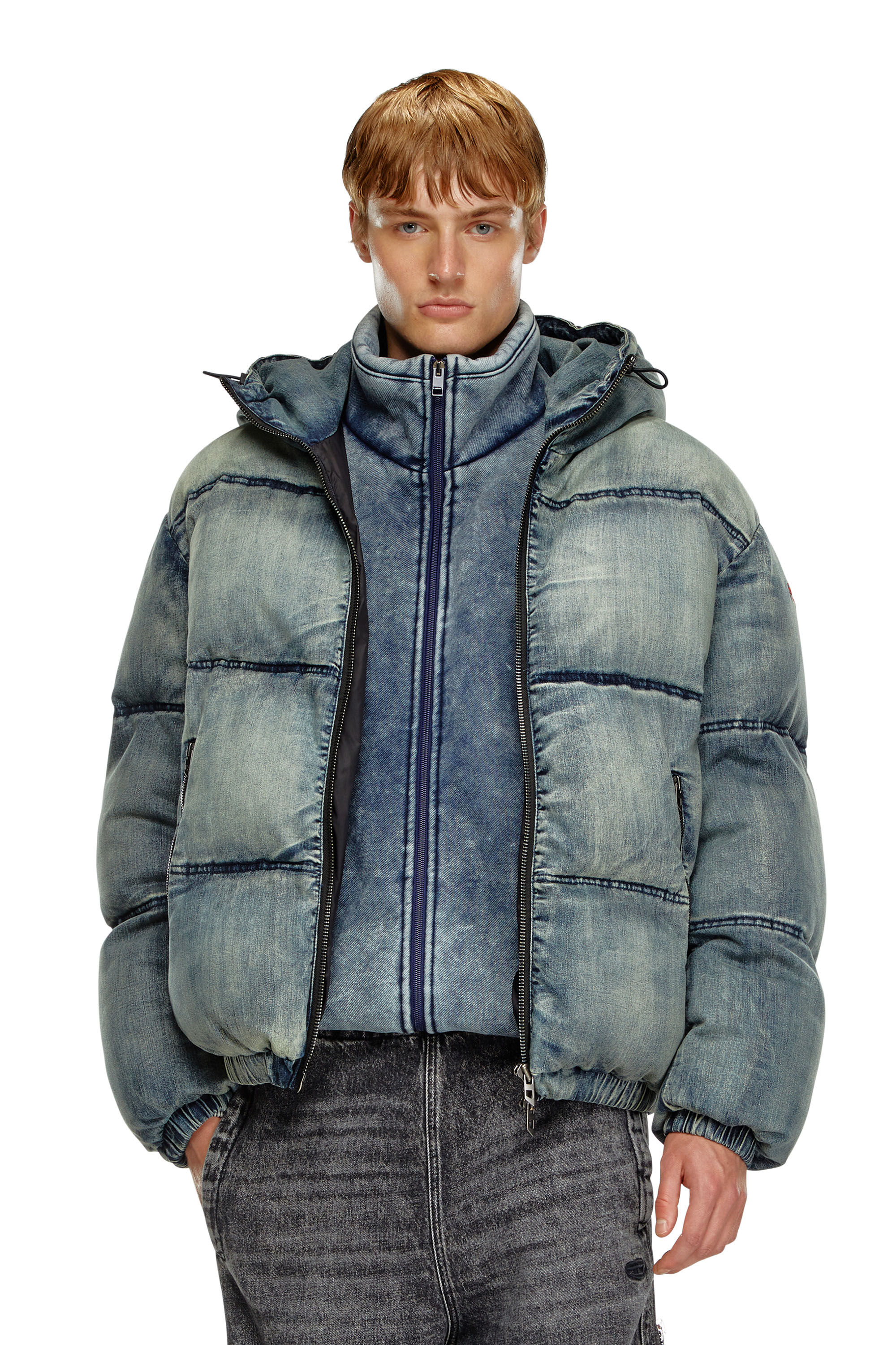 Diesel - W-MONS, Man's Puffer jacket in treated denim in Blue - 3