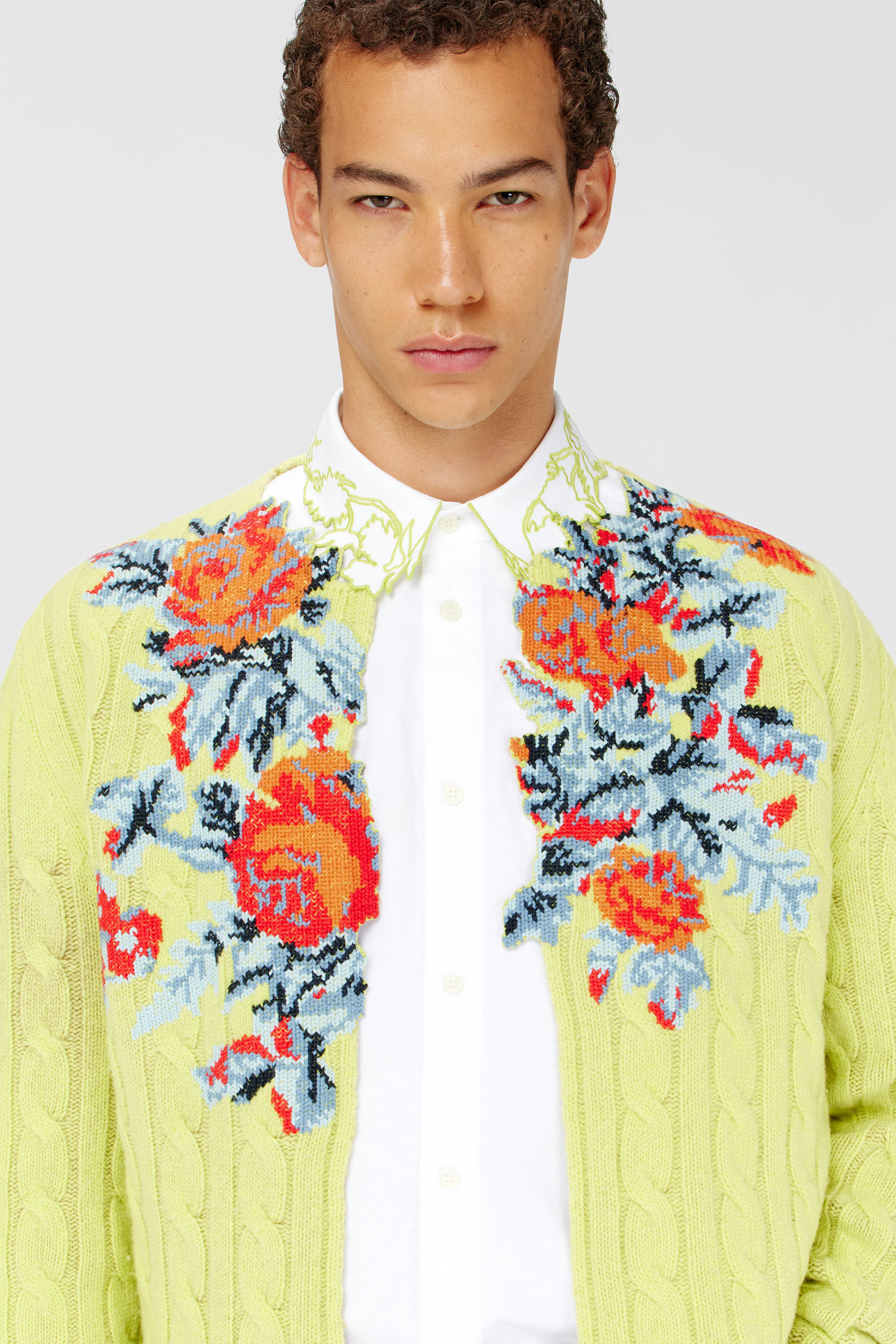 Diesel - K-RINO, Man's Open-front cardigan in floral cable knit in Yellow Fluo - 5