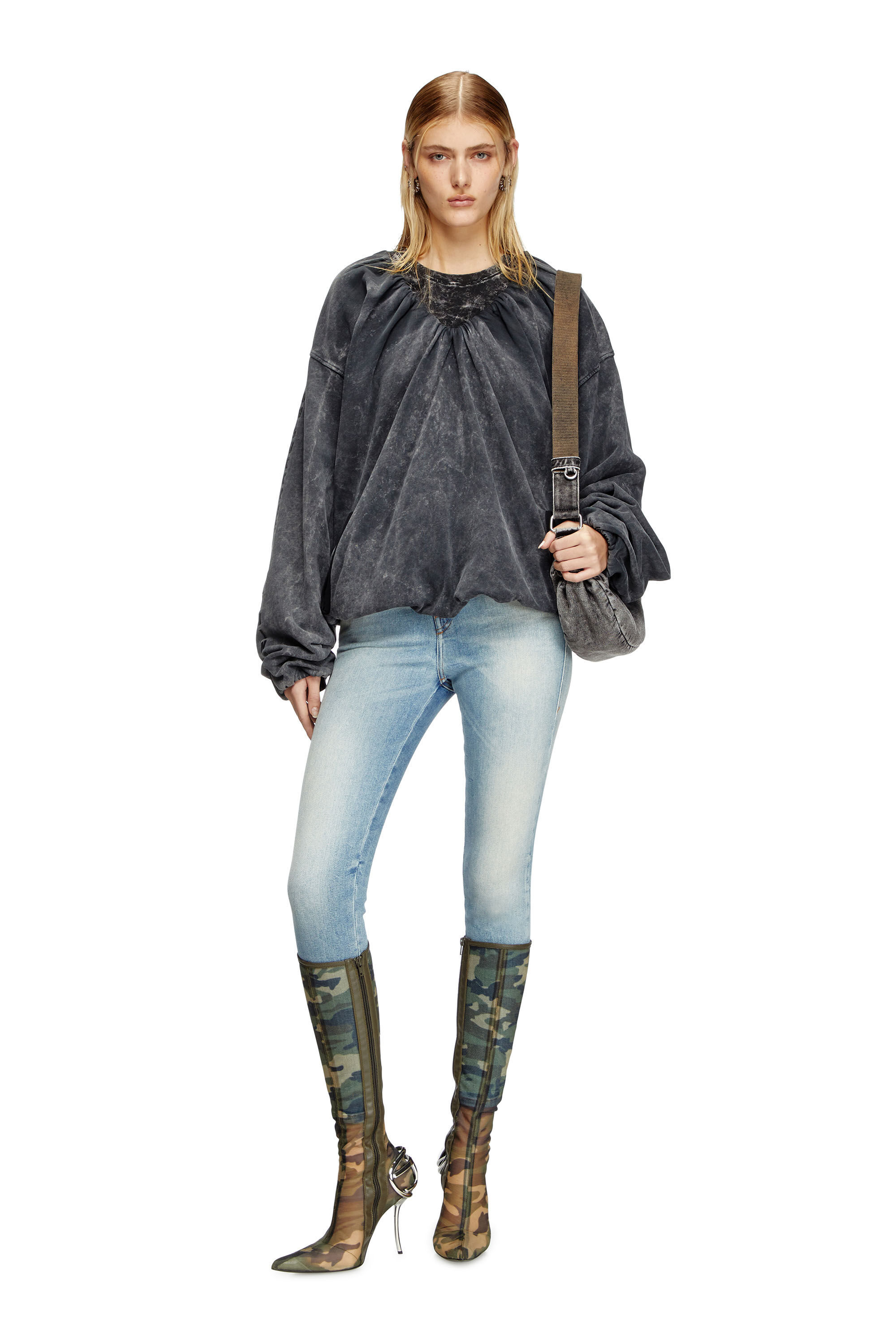 Diesel - F-INDY, Woman's Gathered sweatshirt with bleached effect in Black - 1