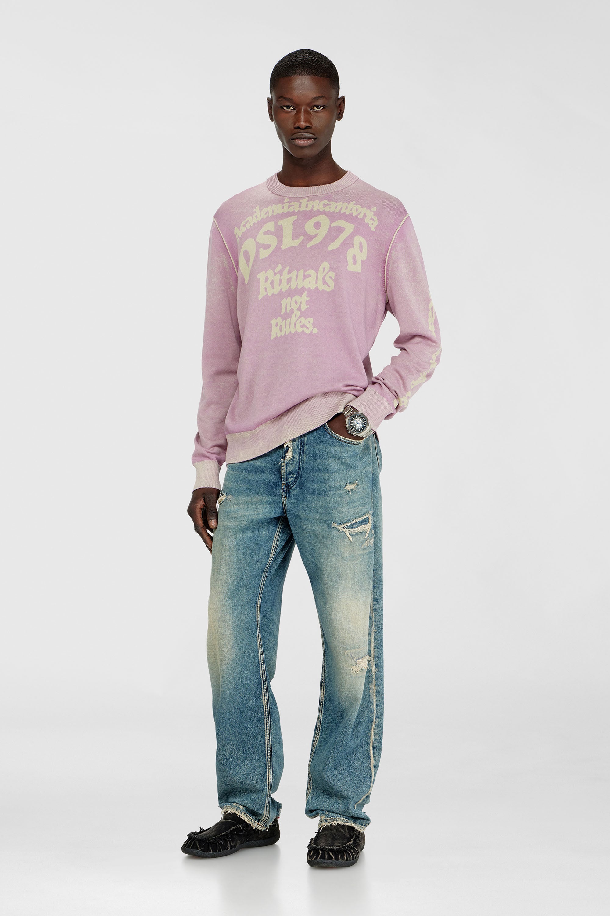 Diesel - K-LAUTI, Man's Treated cotton jumper with slogan in Lilac - 1