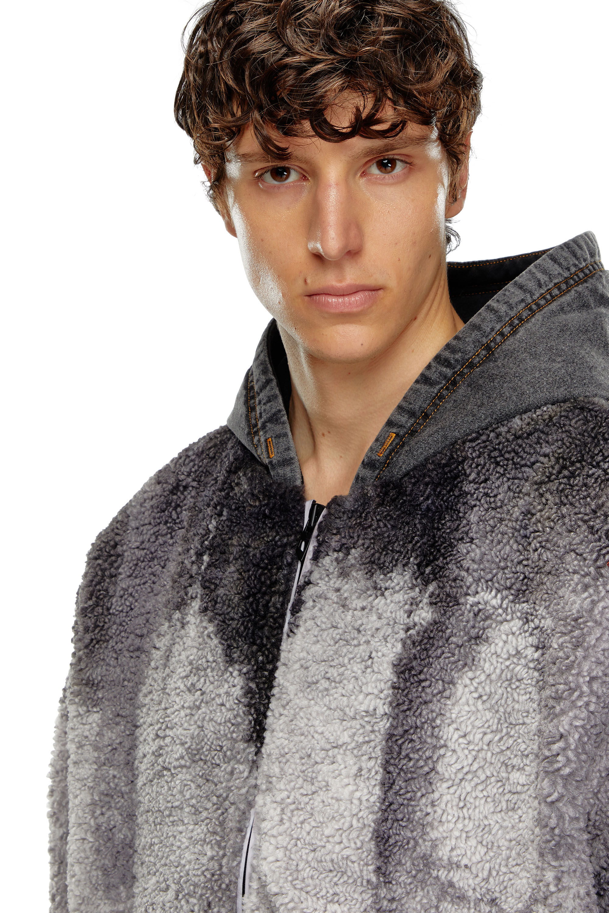 Men s Tie dyed teddy jacket with denim hood Grey Diesel