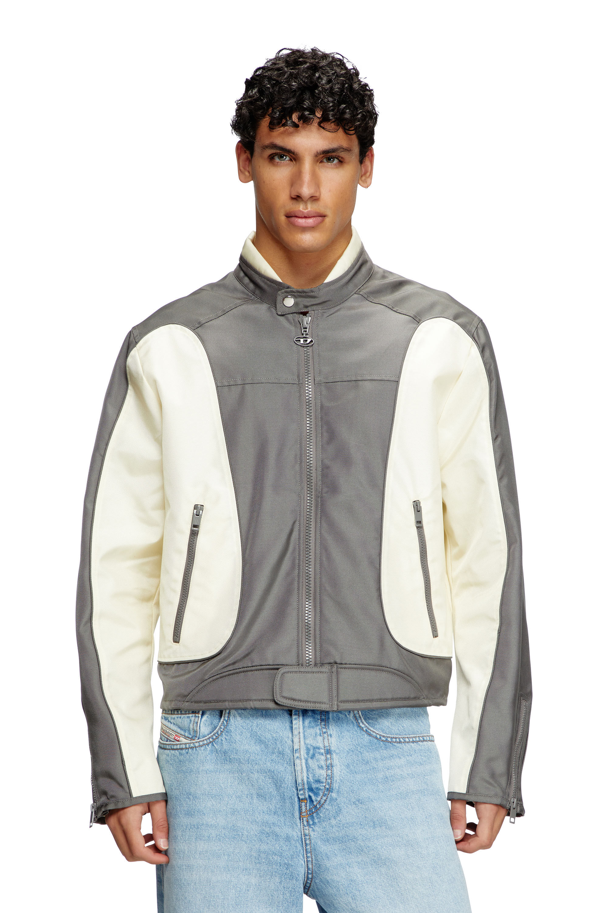 Diesel - J-BLINK-A, Man's Colour-block biker jacket with piping in Grey/White - 3