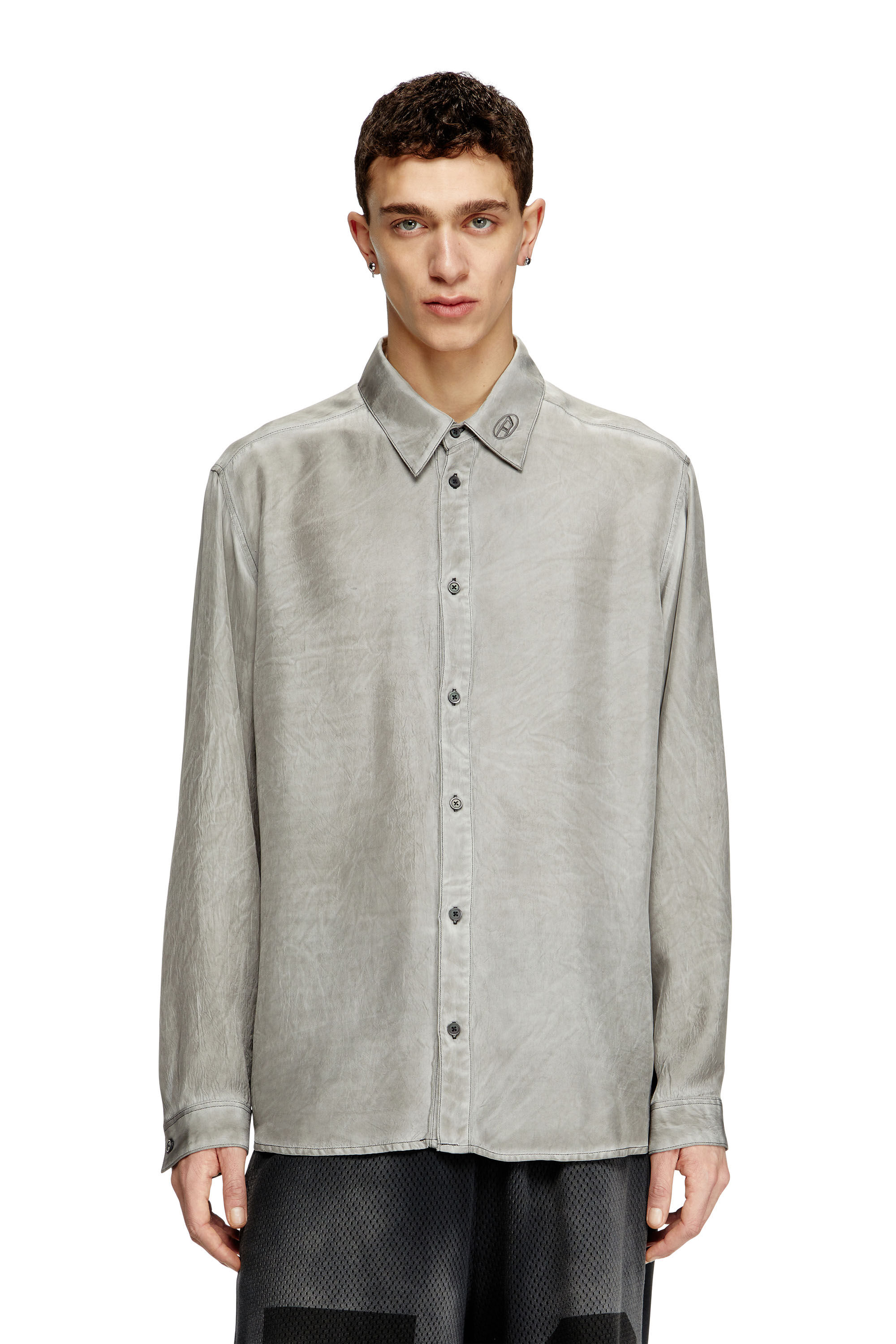 Diesel - S-LEON, Unisex's Fluid crinkled shirt with logo collar in Grey - 3