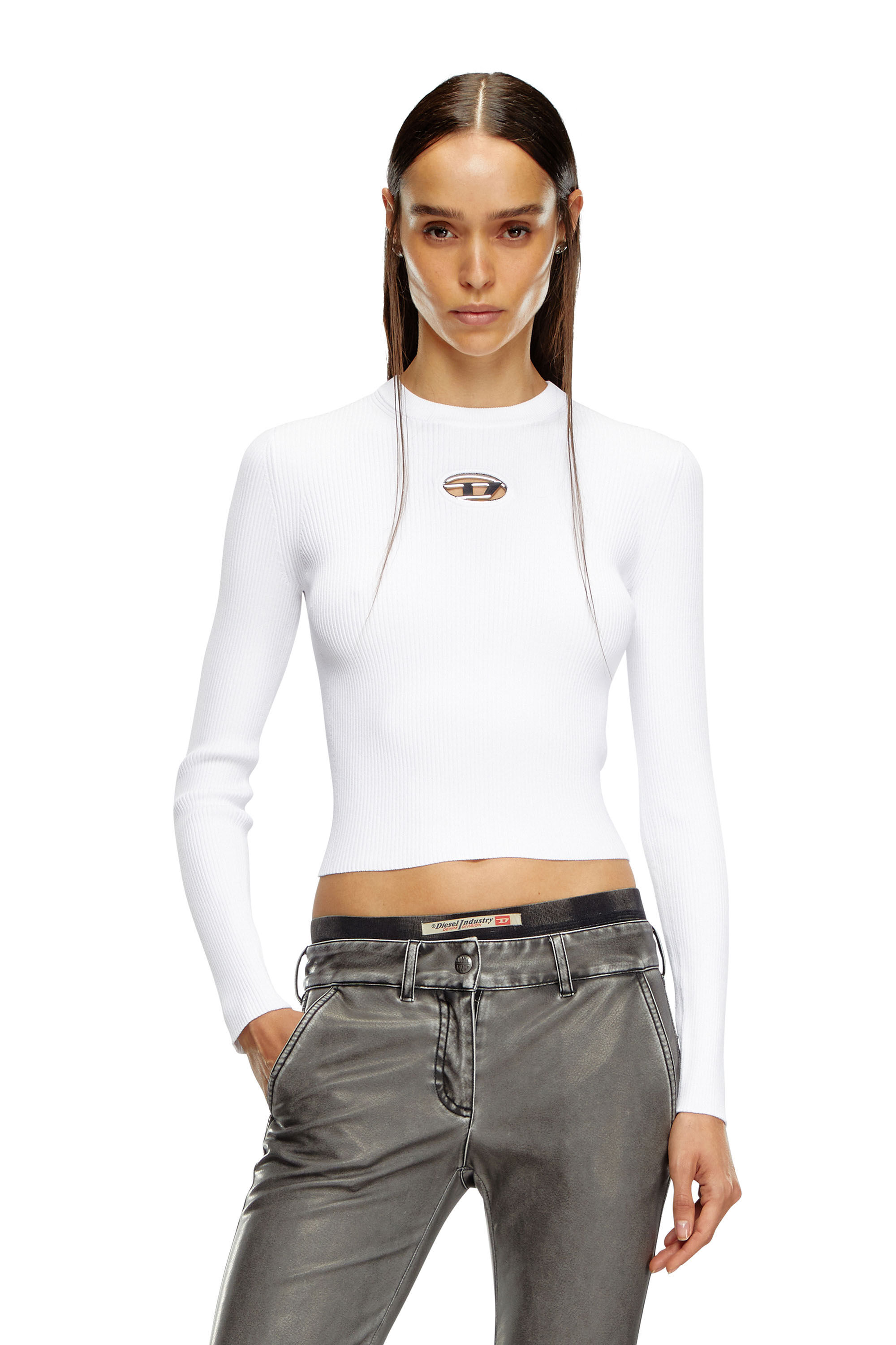 Diesel - M-VALARI, Woman's Rib-knit viscose-blend top with Oval D in White - 3