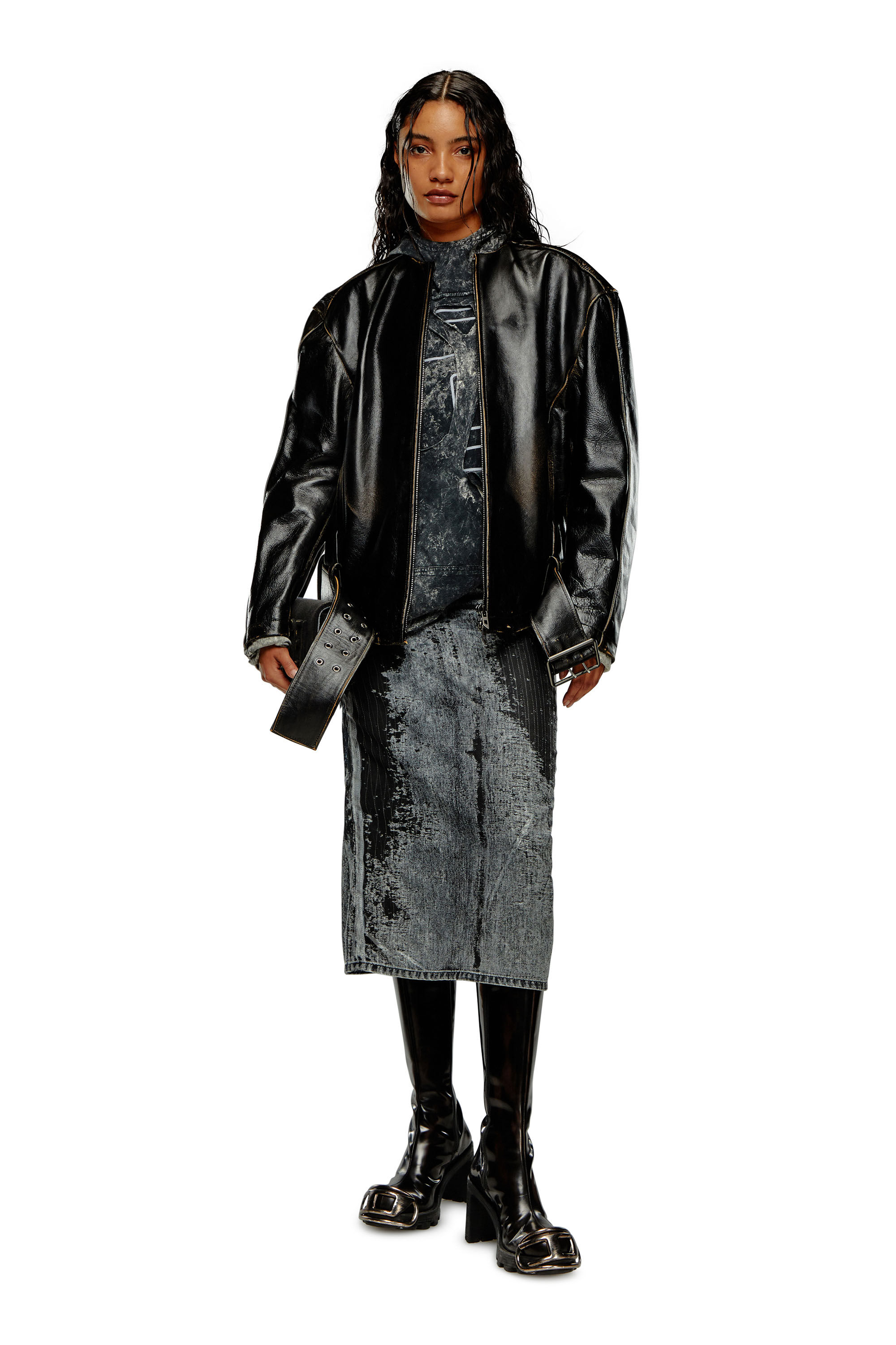 Diesel - L-MARGY, Woman Oversized biker jacket in brushed leather in Black - Image 1