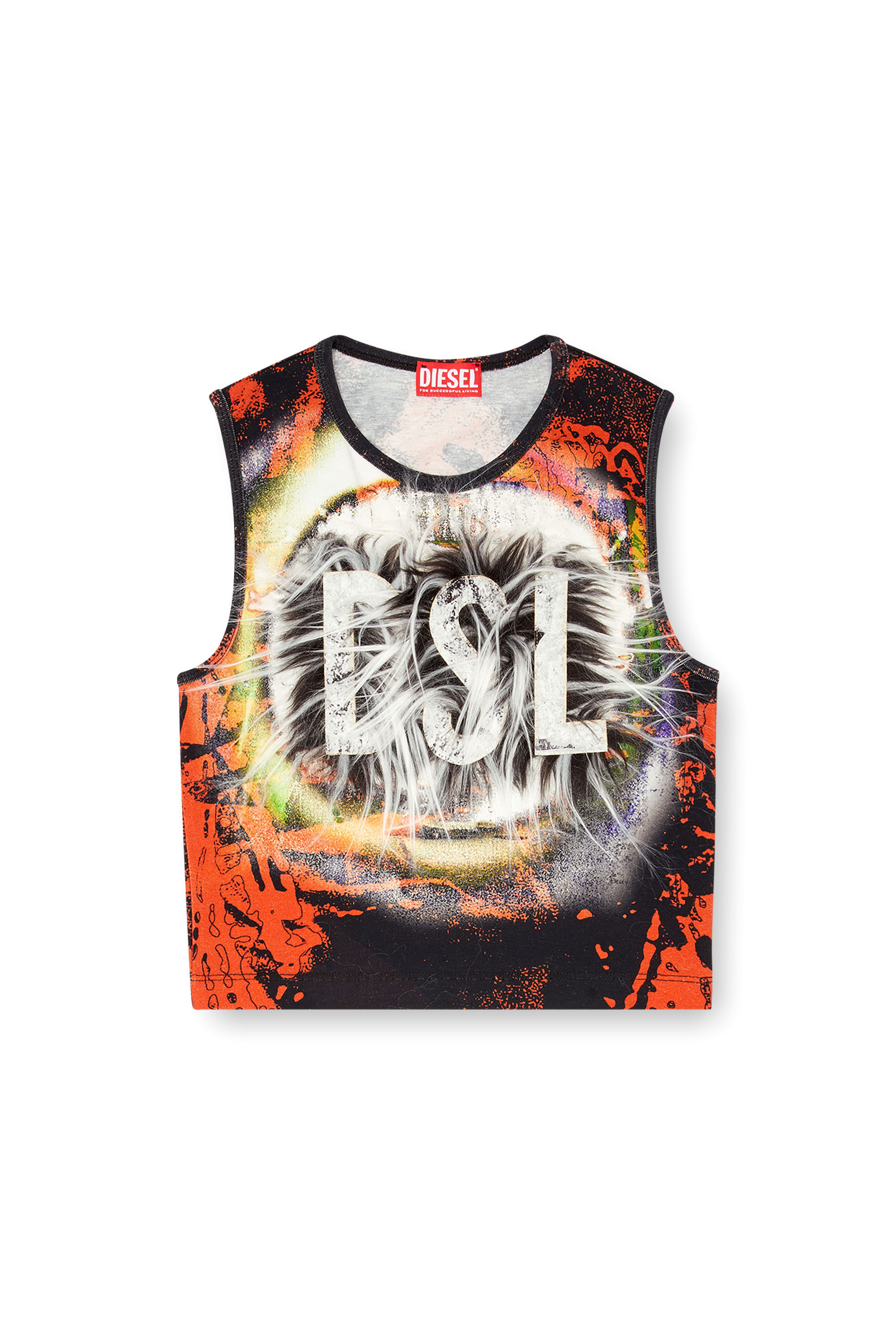 Diesel - T-GRAFITE, Woman's Cropped tank top with fuzzy logo in Multicolor/Black - 2