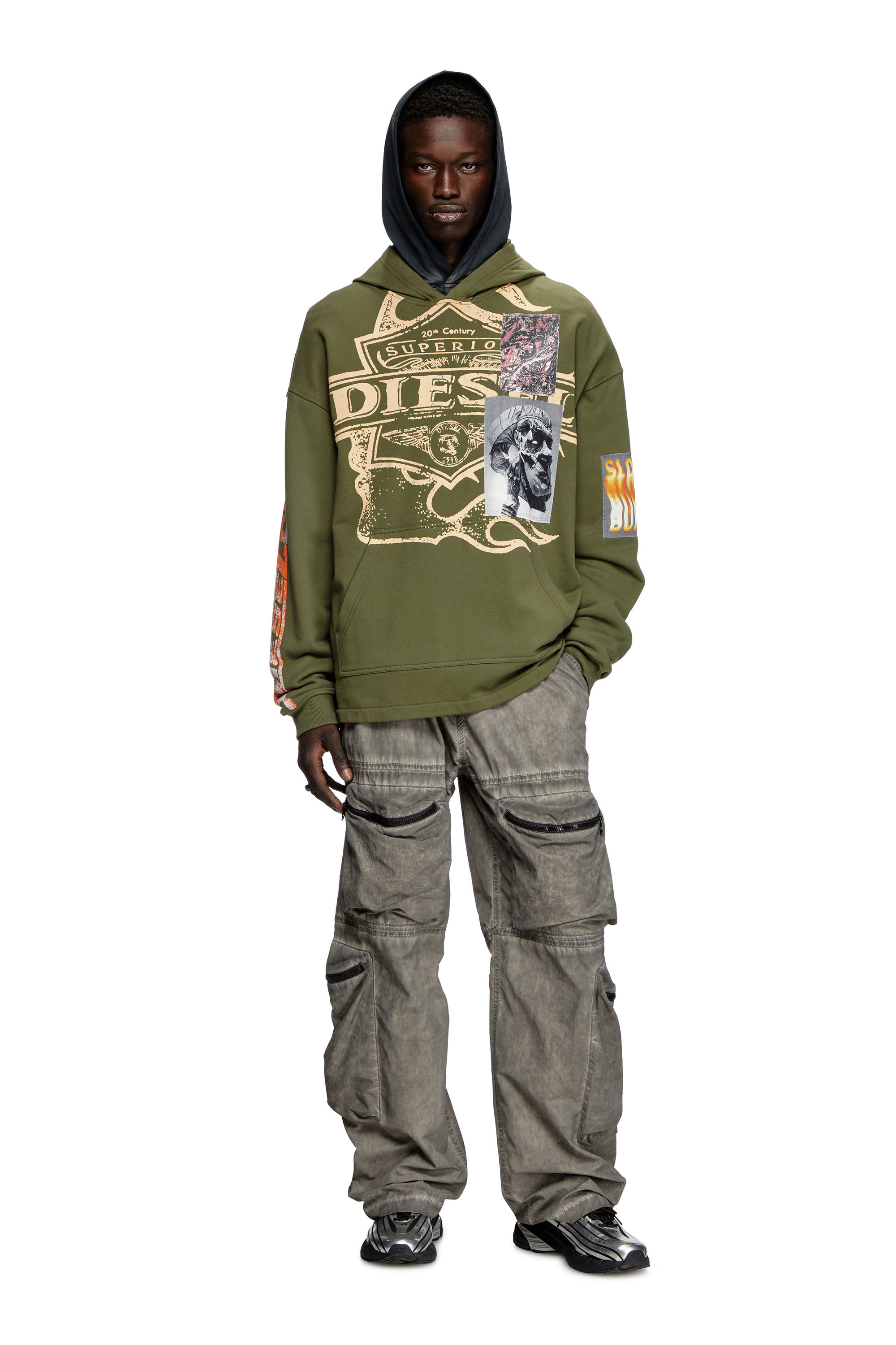 Diesel - S-BAXT-HOOD-R1, Man's Hoodie with prints and logo patches in Olive Green - 1