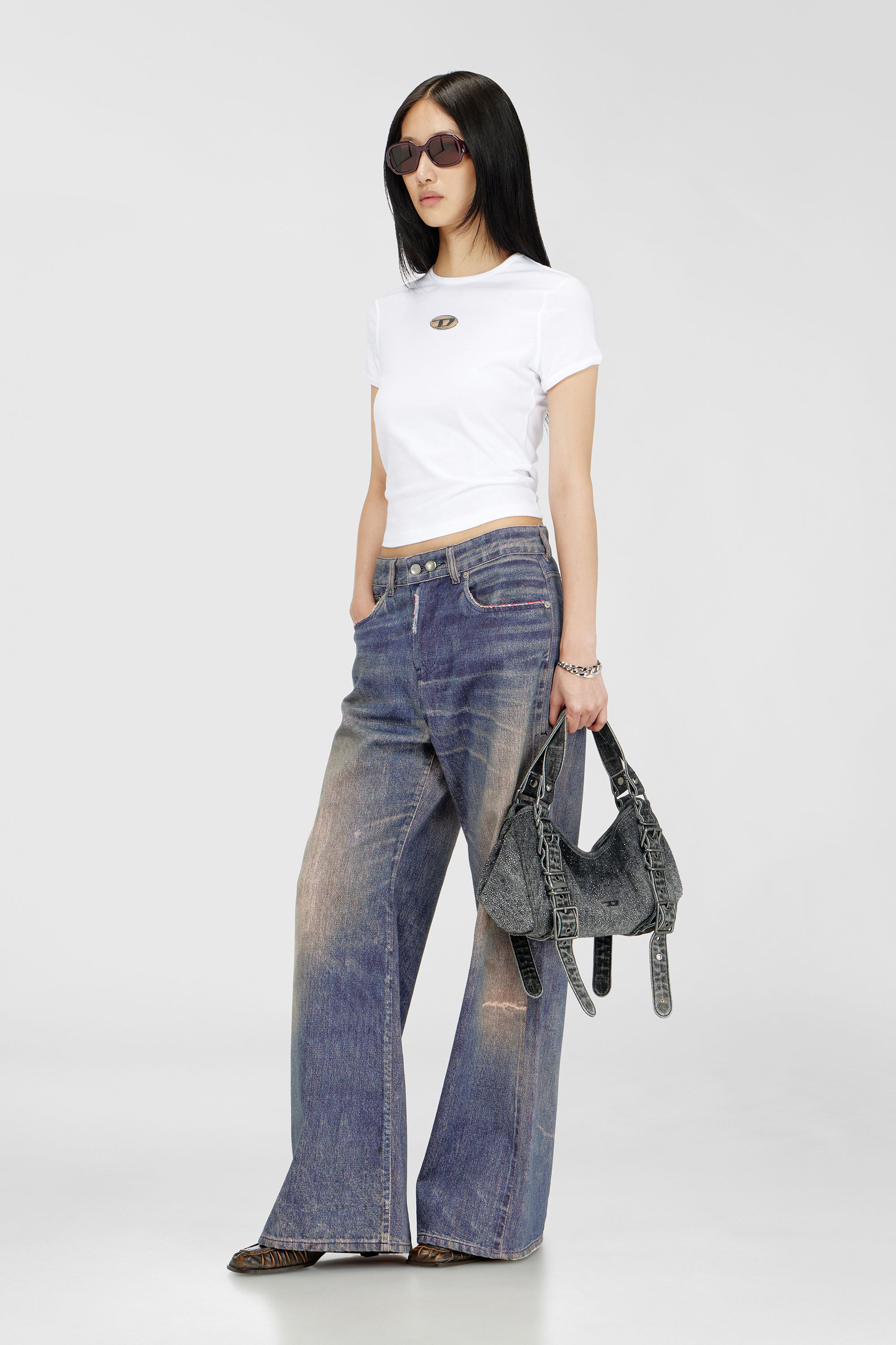 Diesel - D-ONE TOPHANDLE S, Woman's D-One-Small top-handle bag in crystal solarised denim in Black - 1