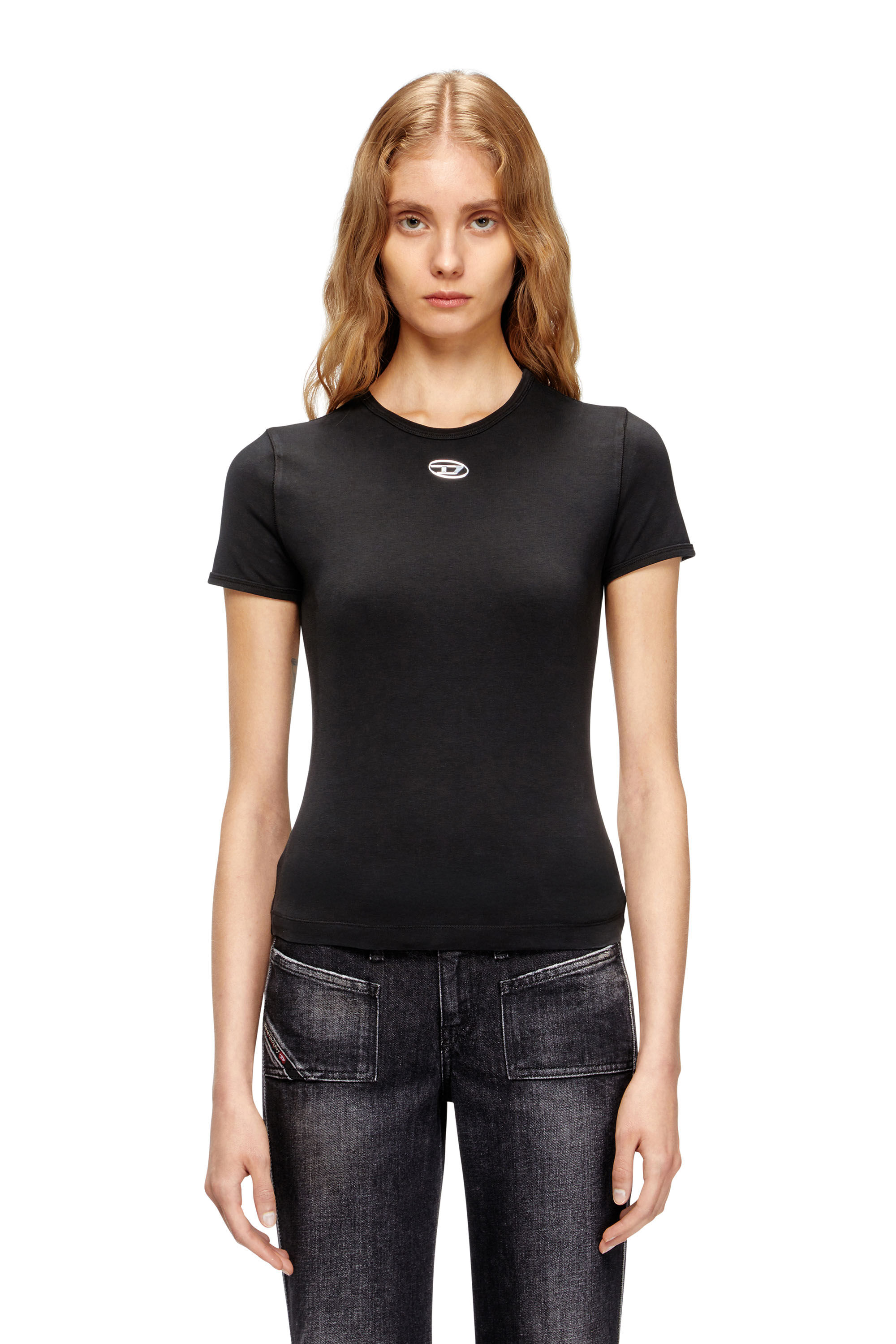 【タグ付き】DIESEL レディース Tシャツ XSサイズ　ブラック Women's Slim T-shirt with metallic Oval D | Black | Diesel