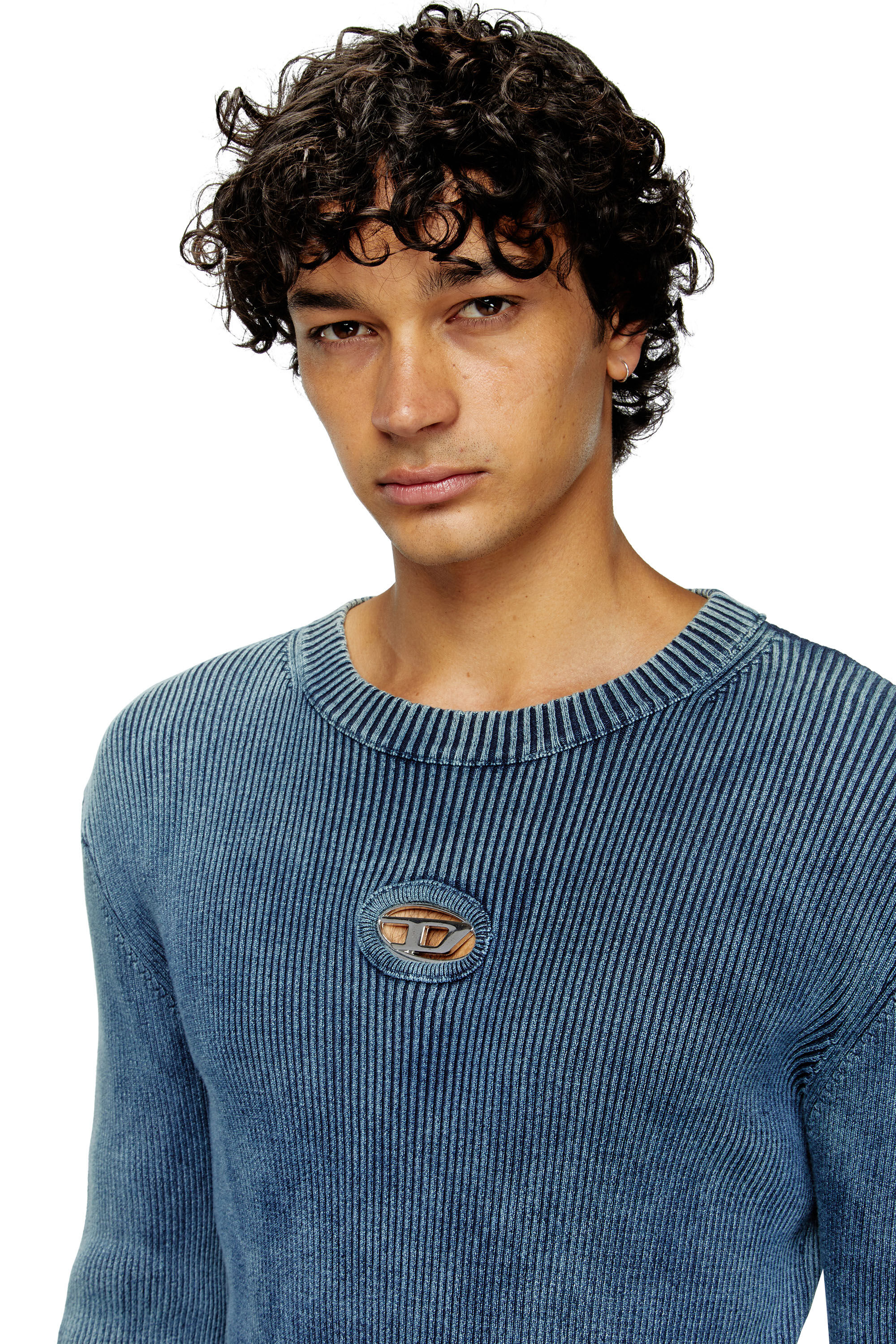 Men's Distressed jumper with cut-out logo | Blue | Diesel