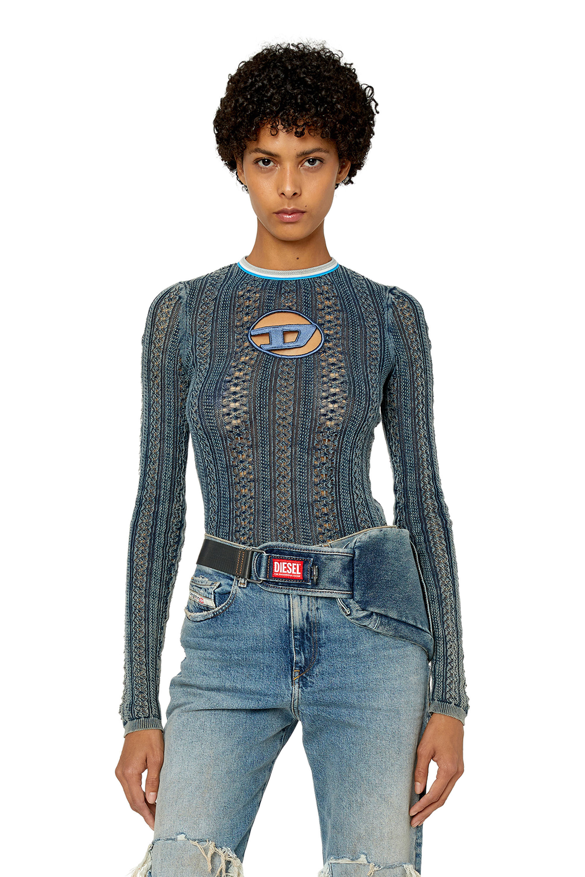 Diesel - M-IKYLA, Woman's Pointelle jumper with oval D cutout in Blue - 3