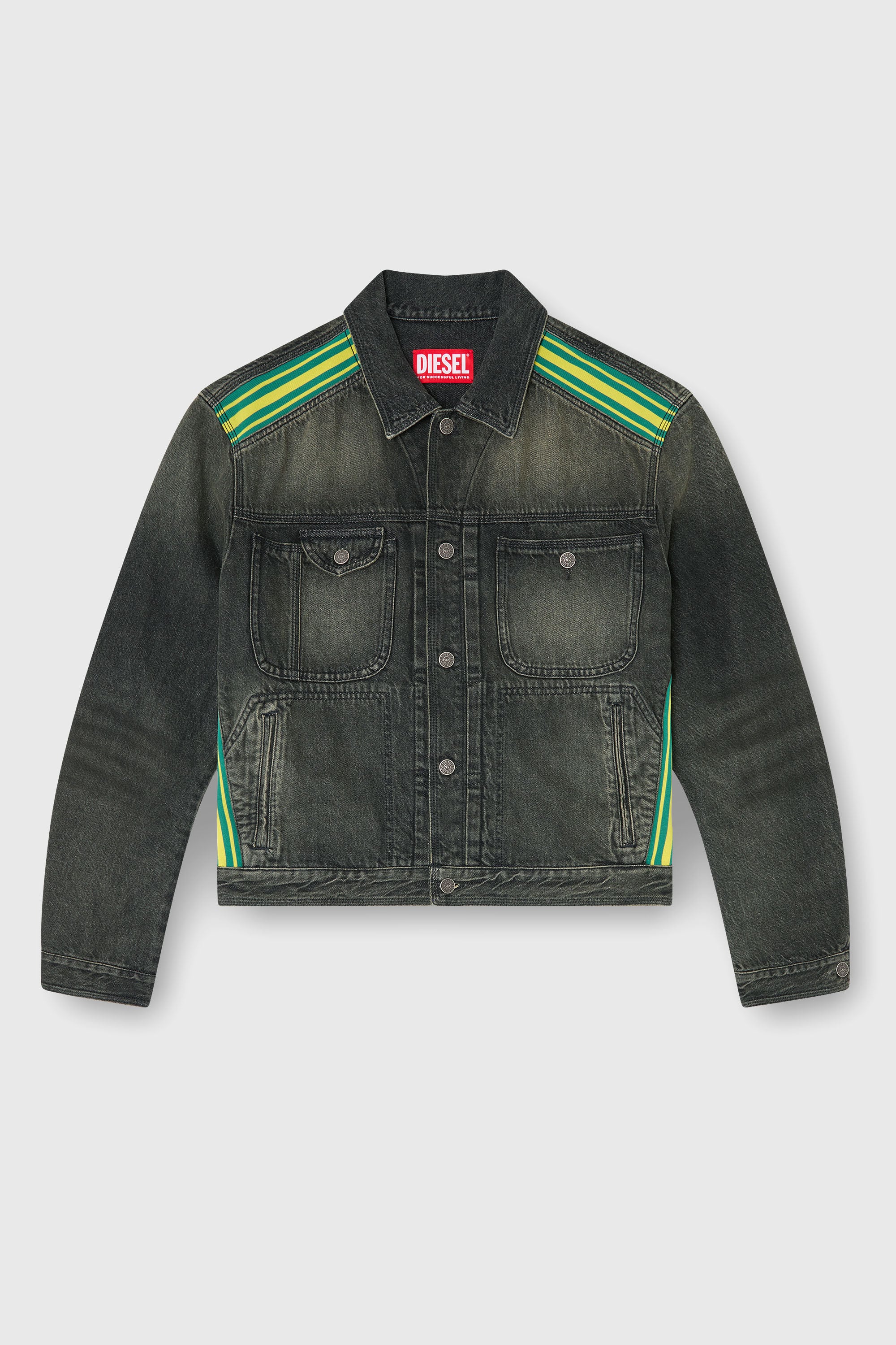 Diesel - D-BAS-FSJ1, Man's Trucker jacket with striped shoulder bands in Dark grey - 2