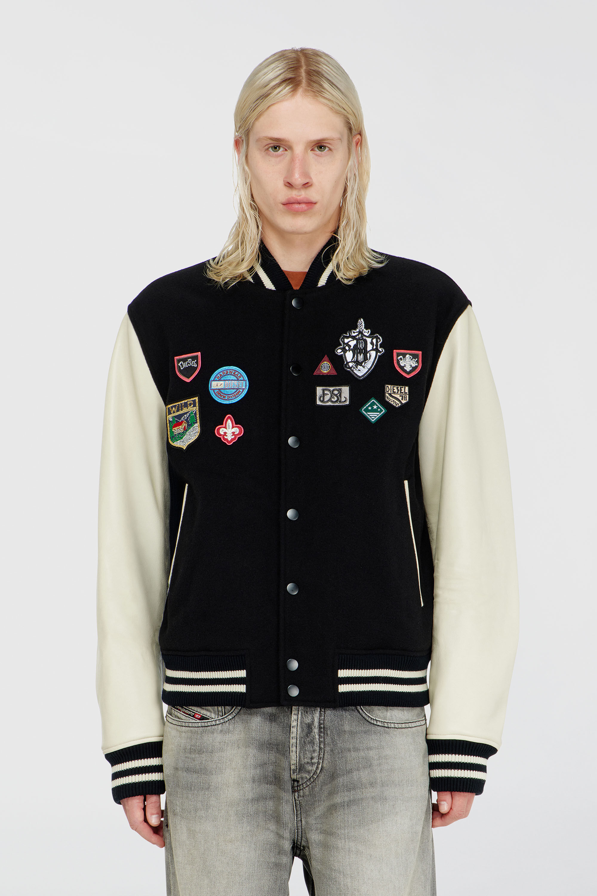 Diesel - L-ARRY-PATCH, Man's Wool and leather bomber jacket with patches in White/Black - 5