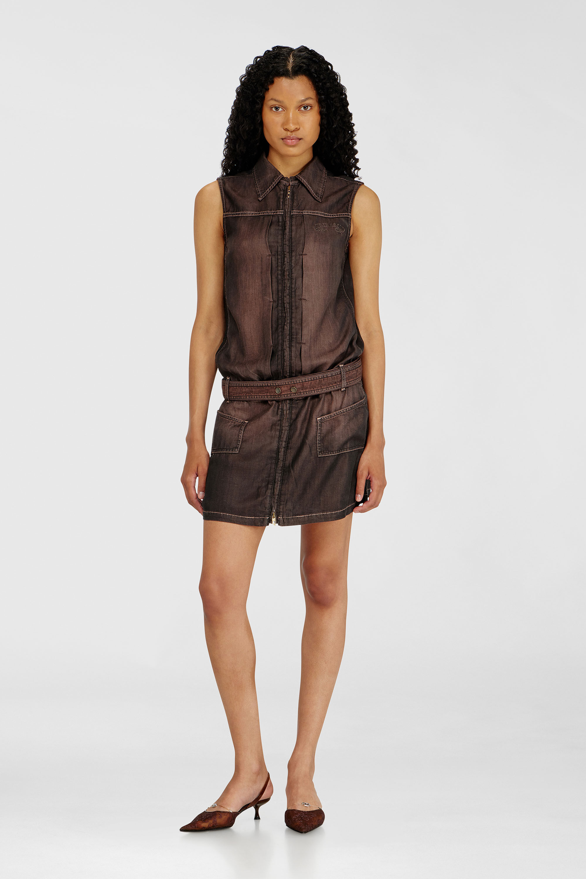 Diesel - DE-EDROS-S, Woman's Minidress in fluid coated denim in Brown - 3