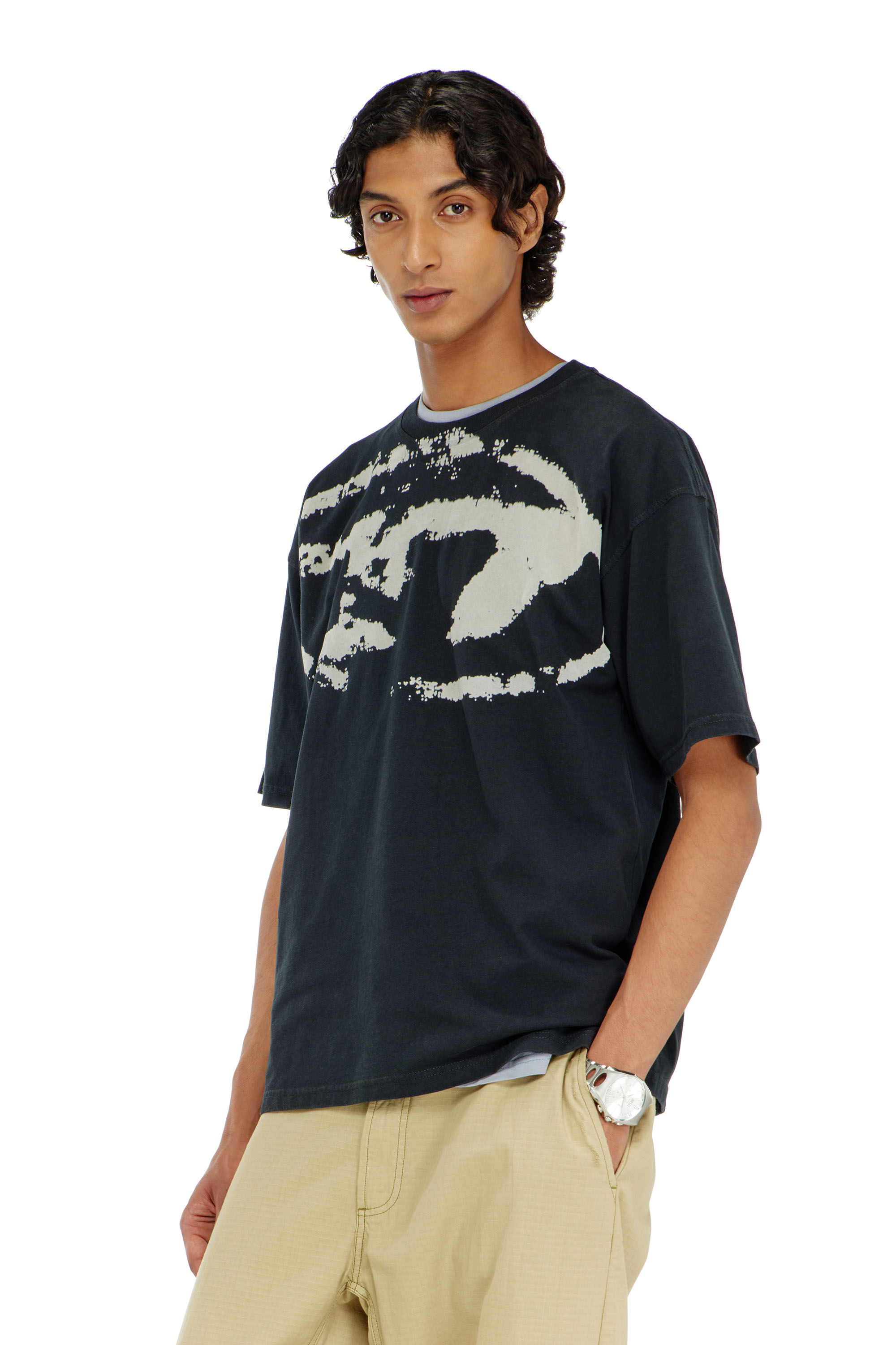 Men's T-shirt with distressed flocked logo | Black | Diesel SI