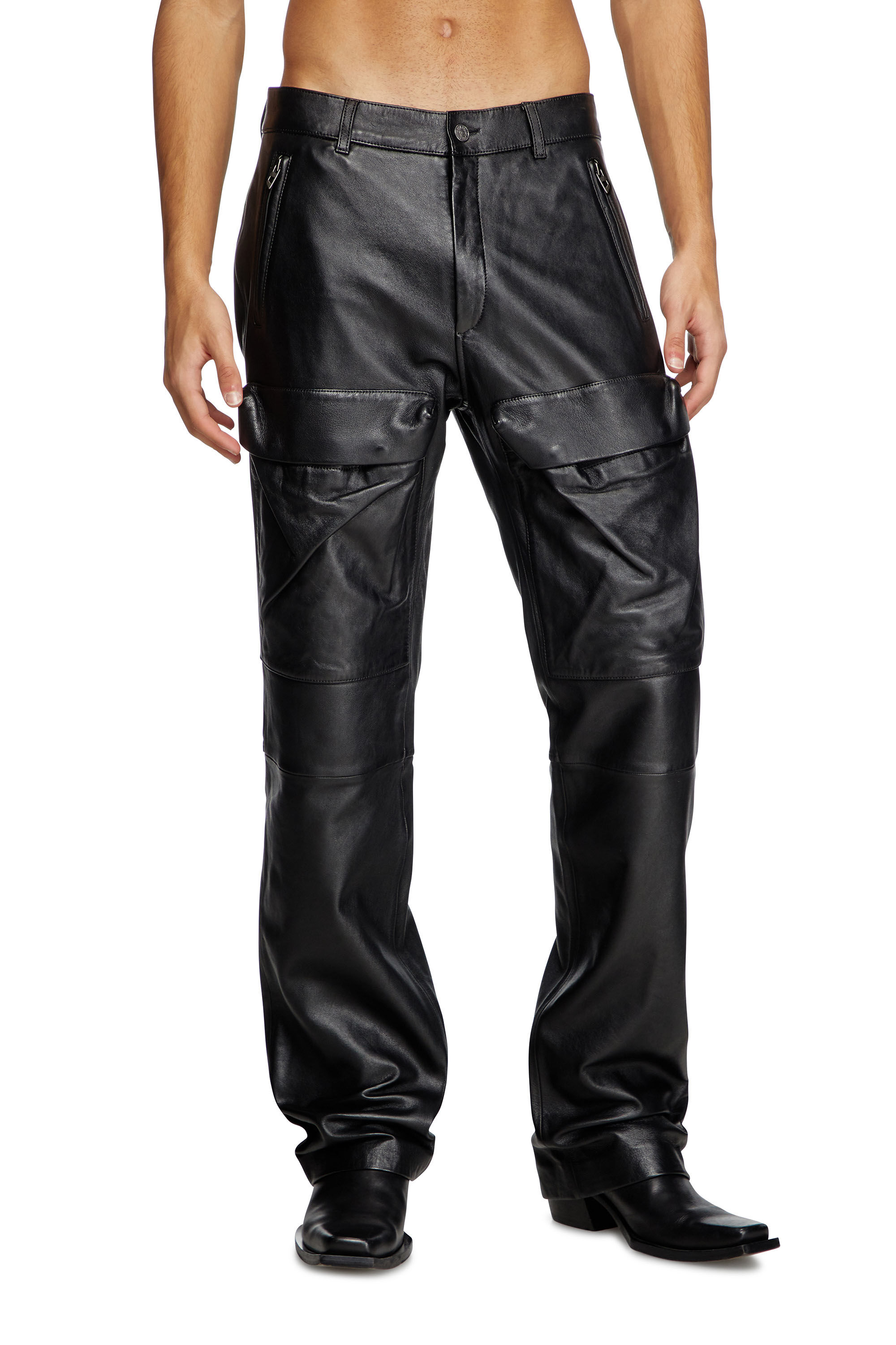 Diesel - P-GAST, Man's Leather pants with utility pockets in Black - 3