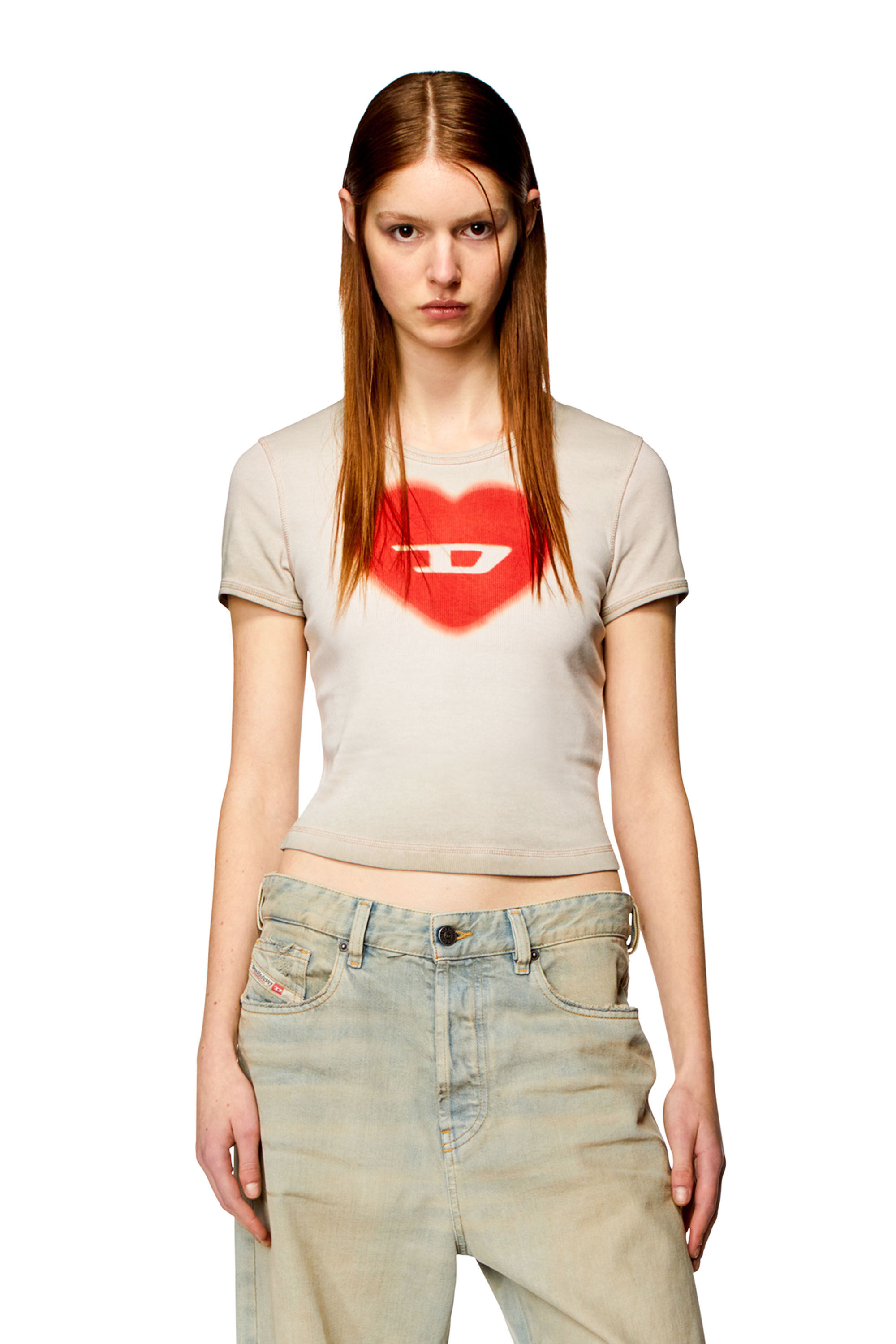Women's Ribbed T-shirt with watercolour heart D | Beige | Diesel