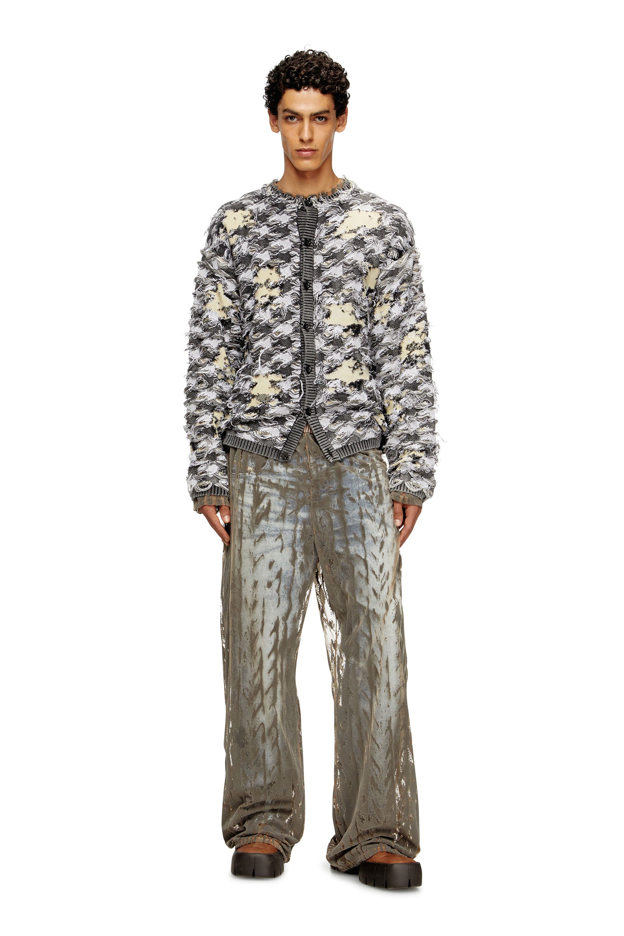 Diesel - K-VALBOR, Man's Cardigan in devoré houndstooth jacquard in Grey/White - 2