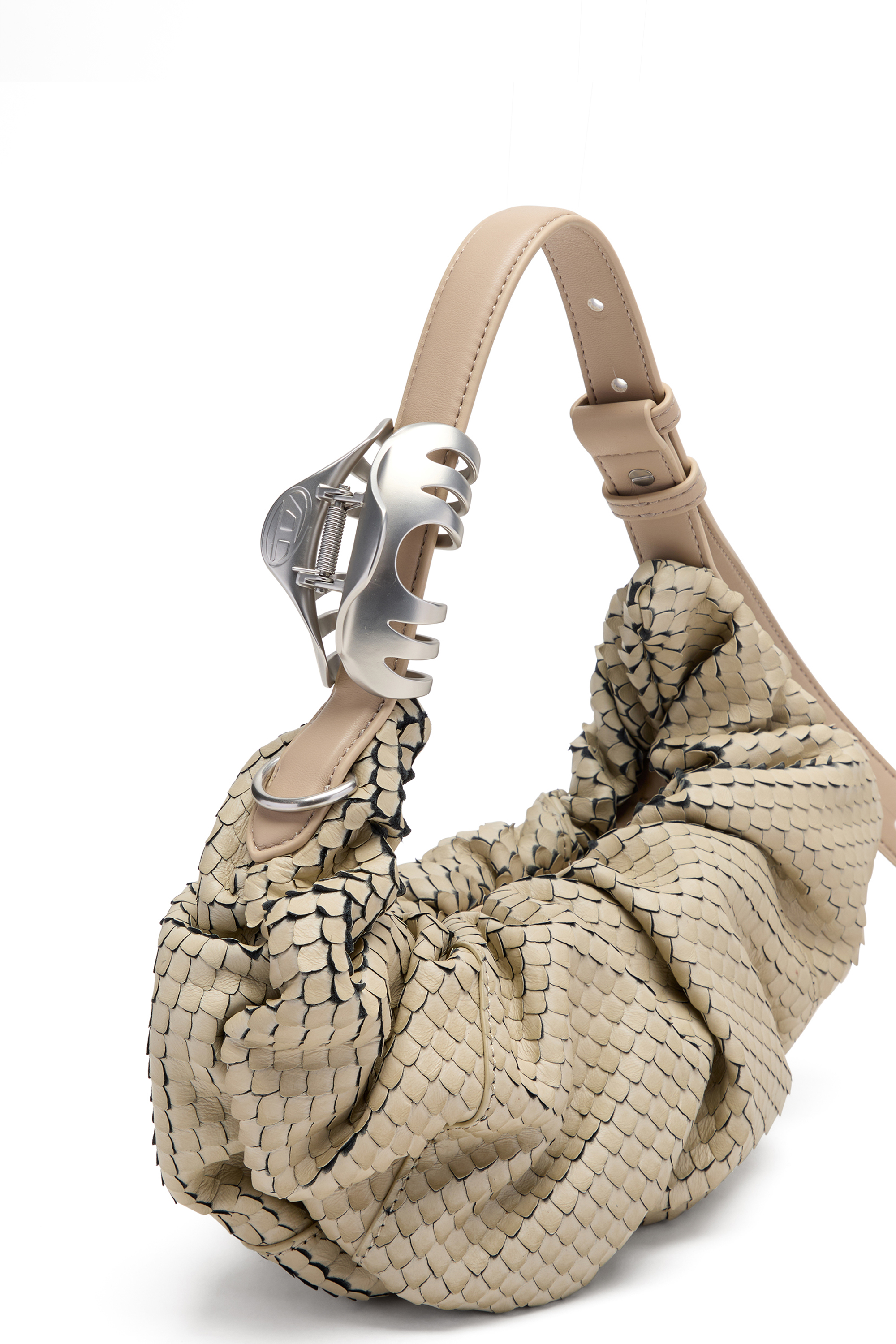 Diesel - GRAB-D HOBO S, Woman's Grab-D-Scrunched hobo bag in textured leather in Beige - 4