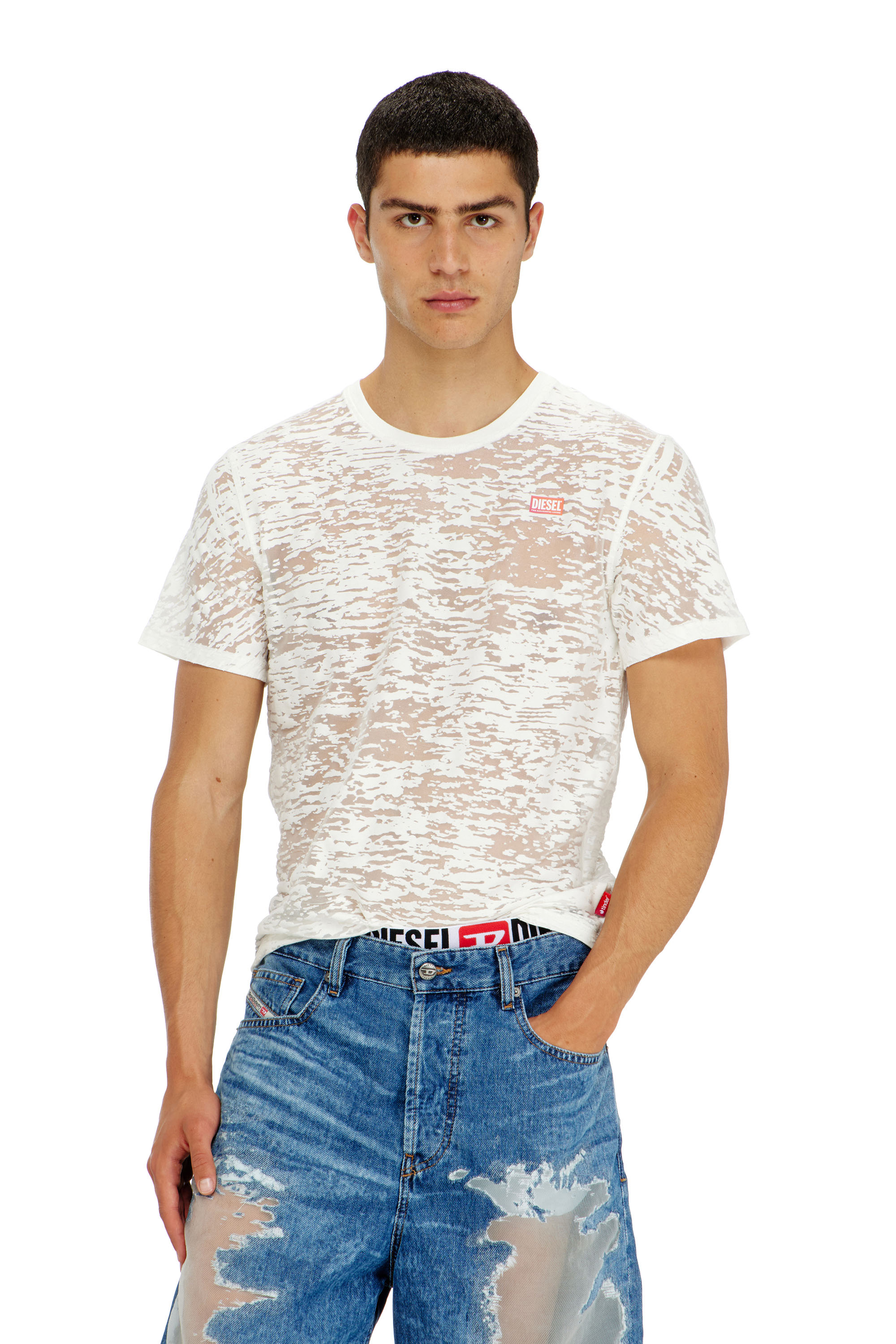 Diesel - PR-T-NOTS-MATI-R, Unisex's T-shirt in all-over devor&eacute; jersey in White - 3
