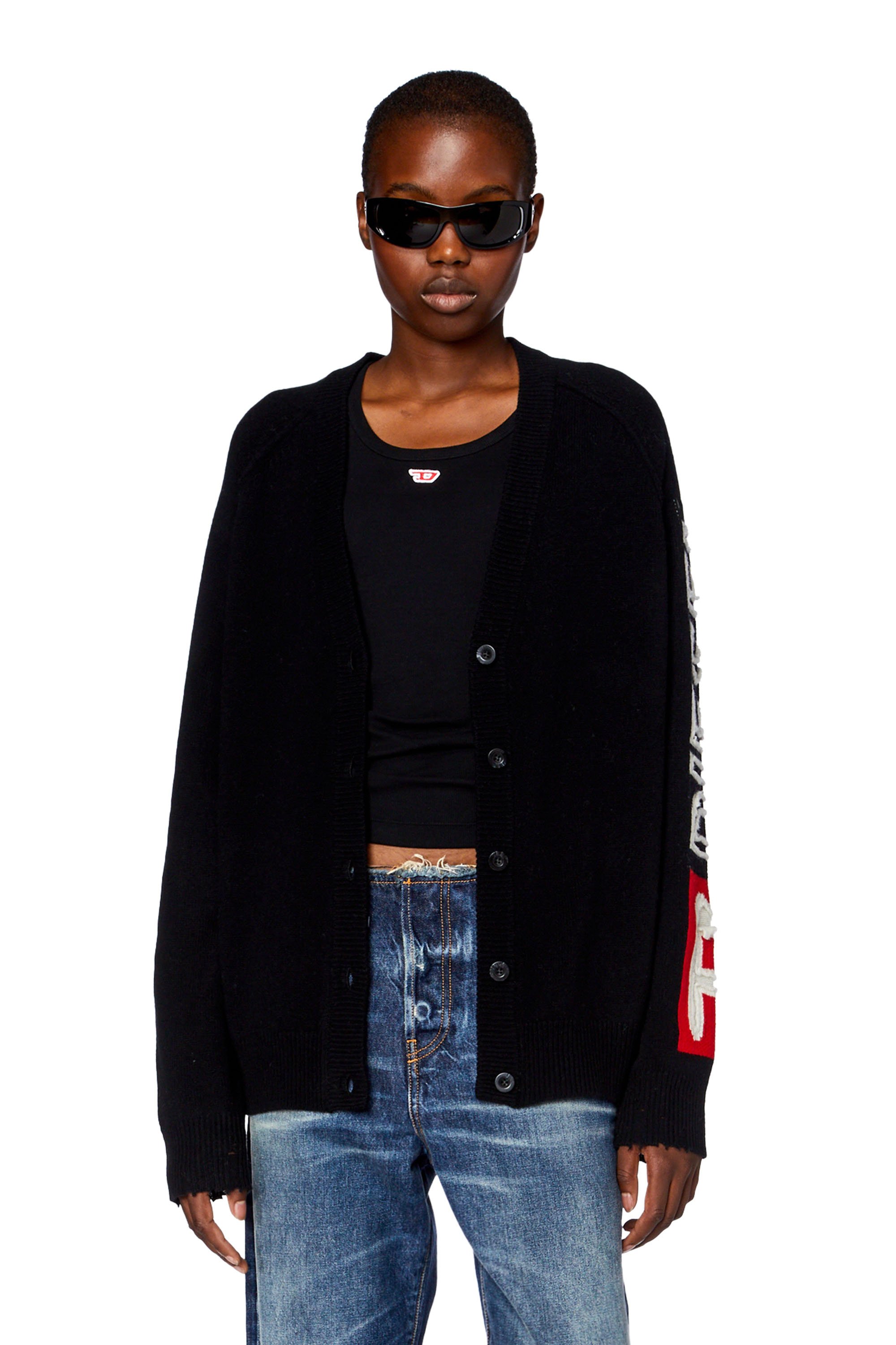 Diesel - M-SARRI, Woman's Cardigan in wool with cut-up logo in Black - 1