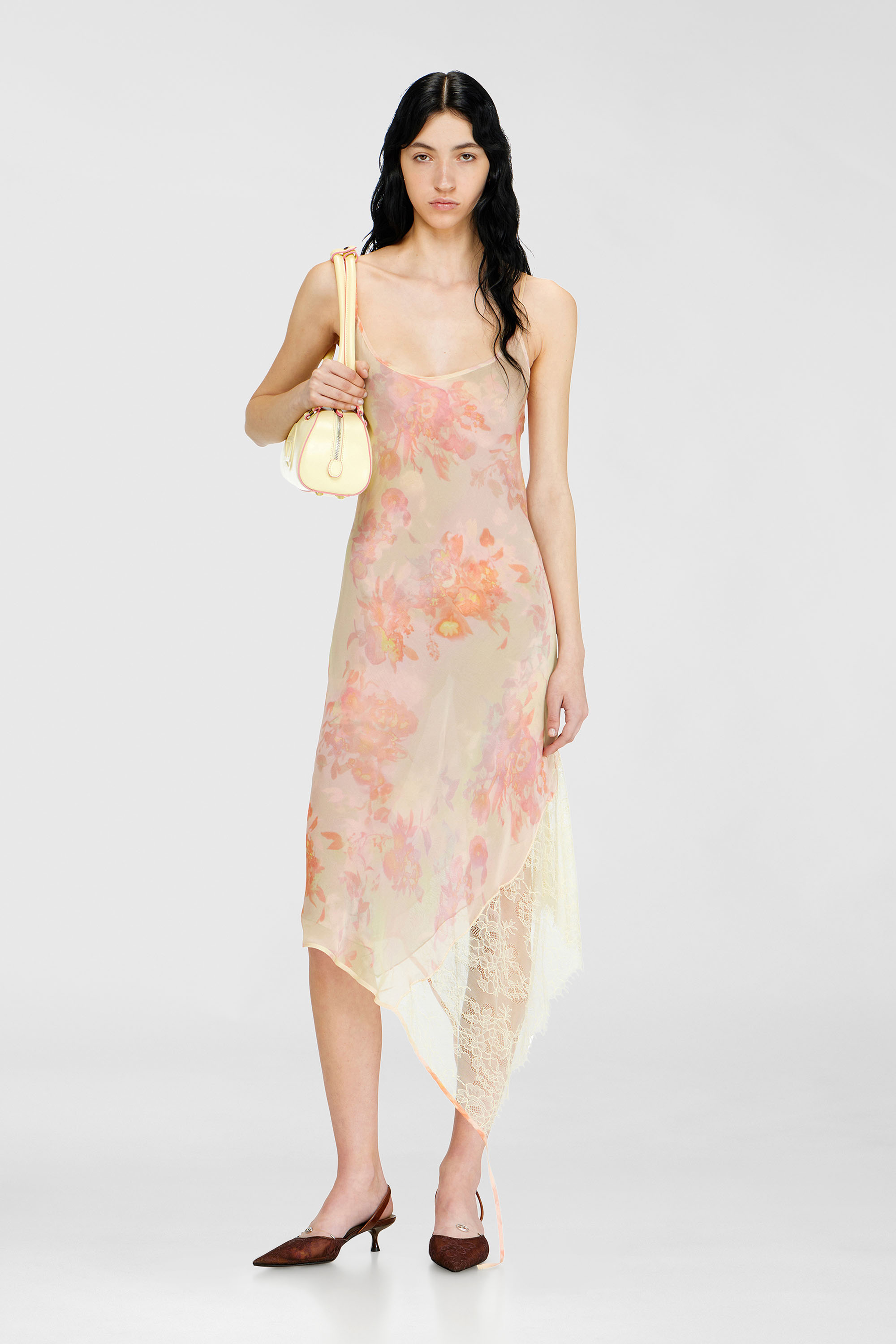 Diesel - D-ANCEL, Woman's Midi slip dress with floral print and lace trim in Pink/Yellow - 2