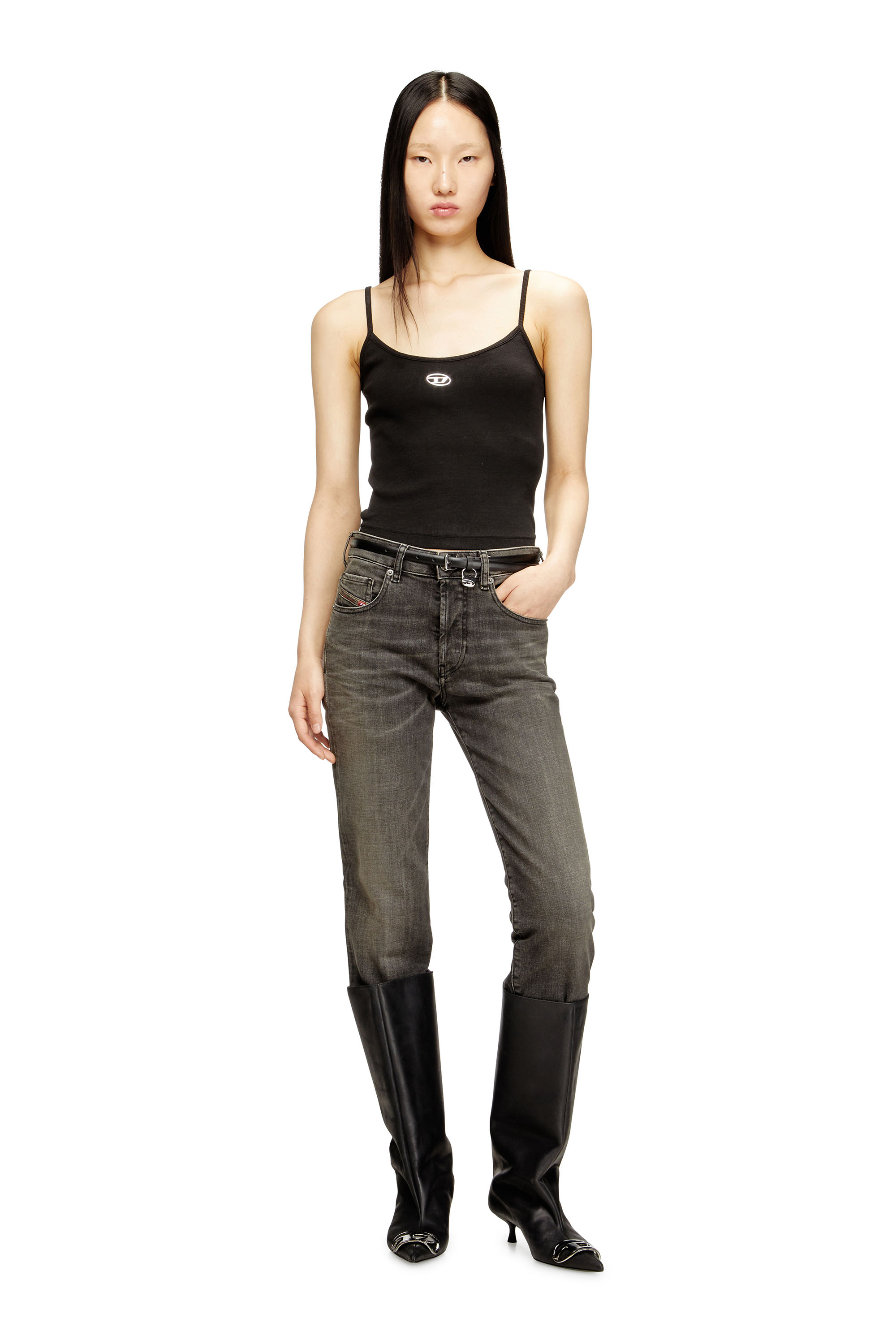 Diesel - T-HUPY-OD, Woman's Ribbed top with metallic Oval D in Black - 1