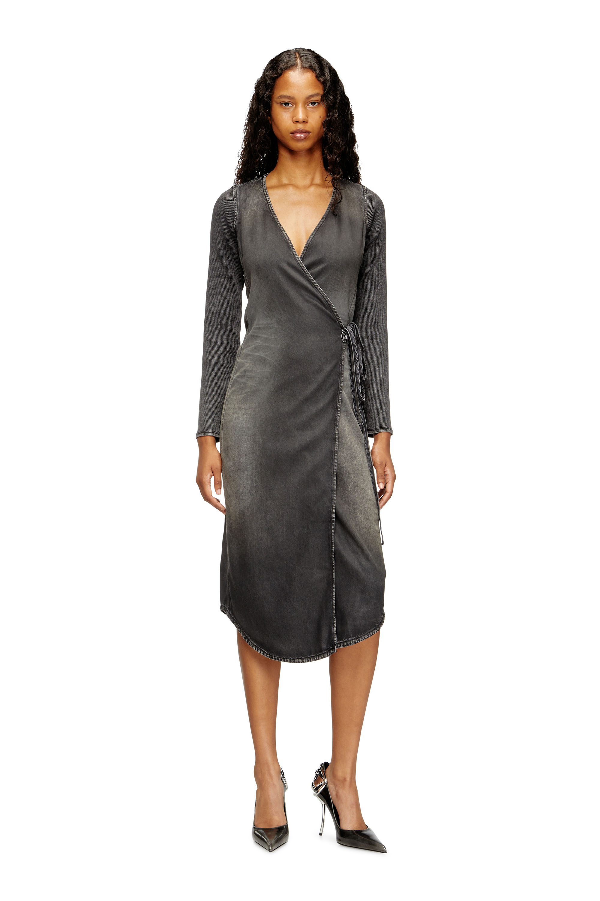 Diesel - DE-OLA-S, Woman's Mid-length denim dress with a V-neck in Black/Dark grey - 2