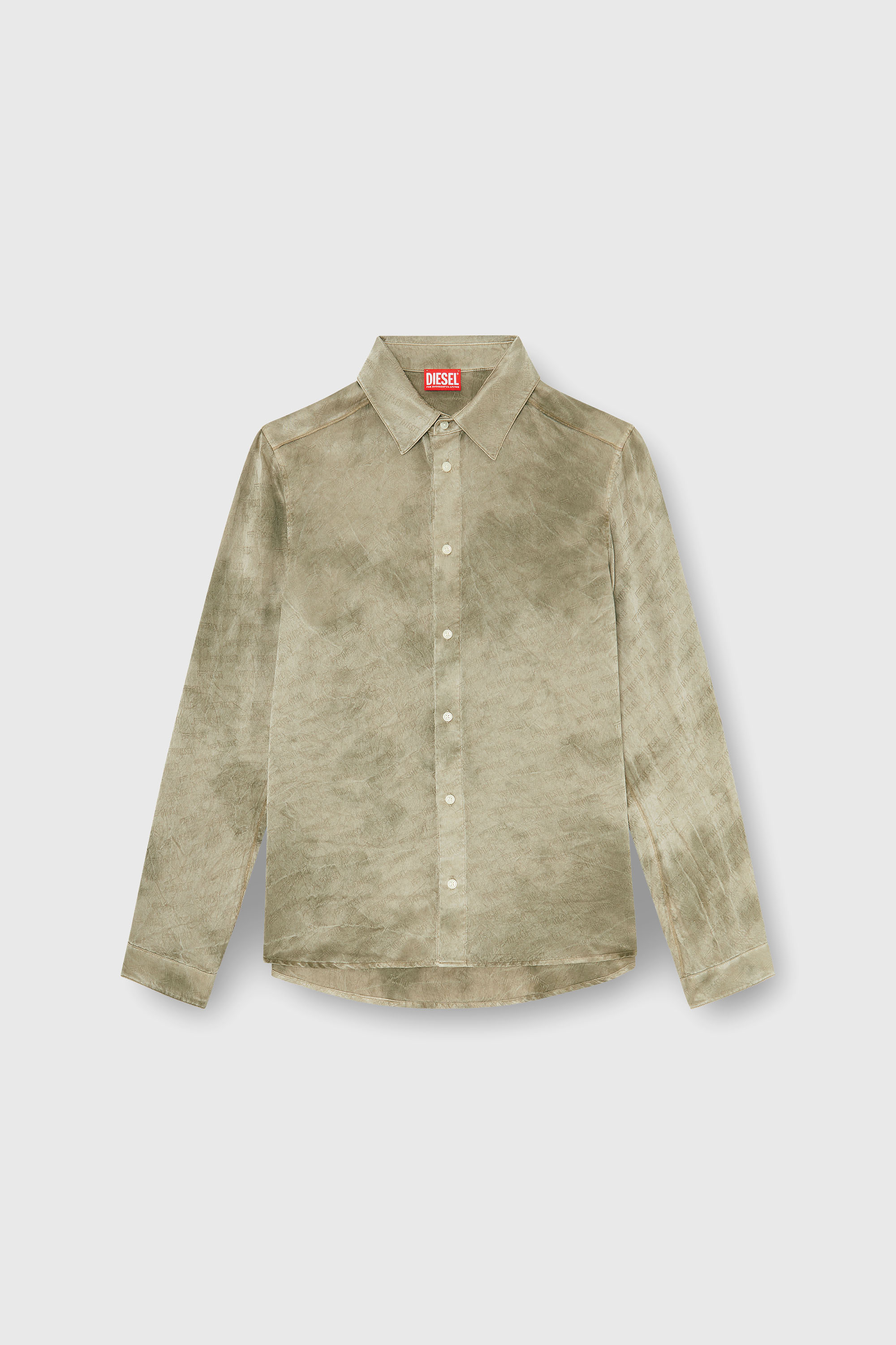 Diesel - S-KISSY-HNBW, Man's Shirt in logo-jacquard crinkled satin in Light Brown - 1