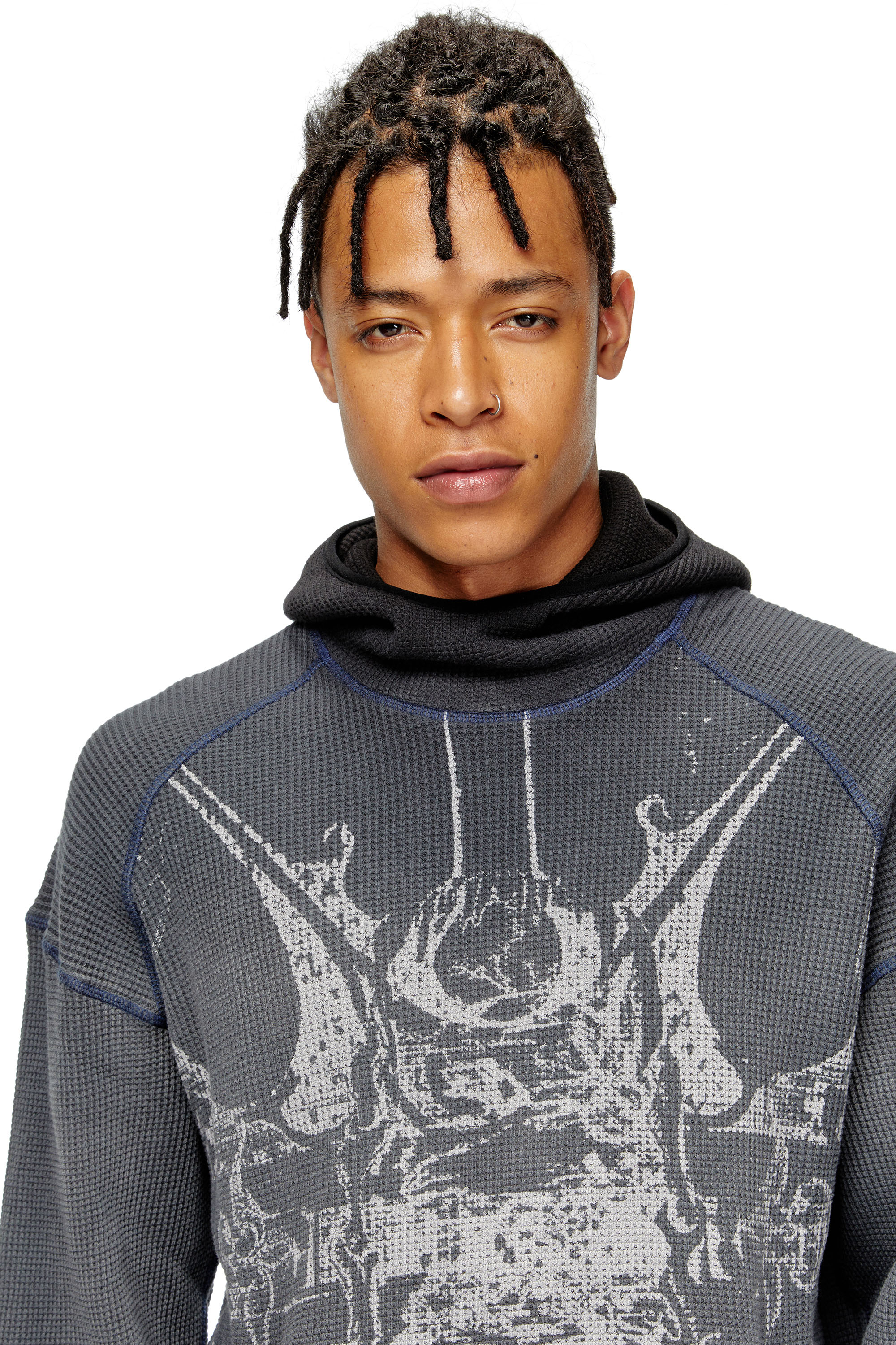 Diesel - S-WAF-HOOD-NEW, Man's Faded waffle hoodie with graphic print in Black - 4
