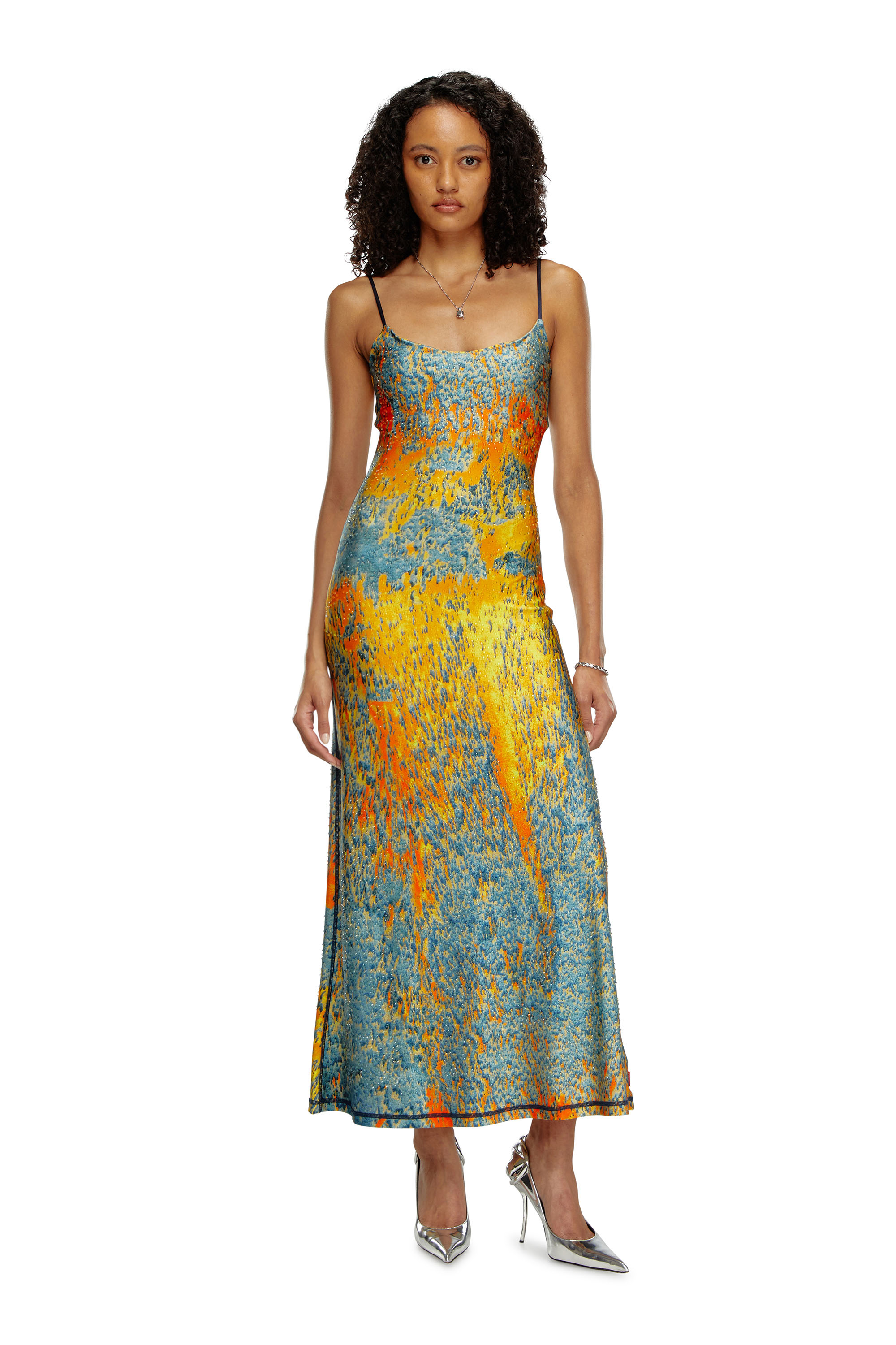 Diesel - D-AMOUR, Woman's Long printed dress with clear crystals in Blue/Orange - 1