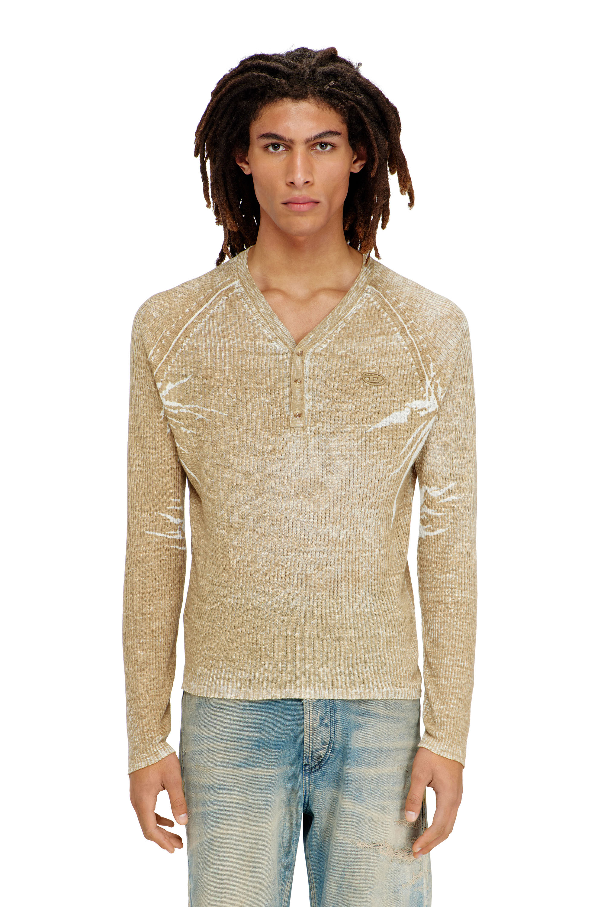 Diesel - K-ZENON, Man's Henley jumper with faded reverse print in Light Brown - 1