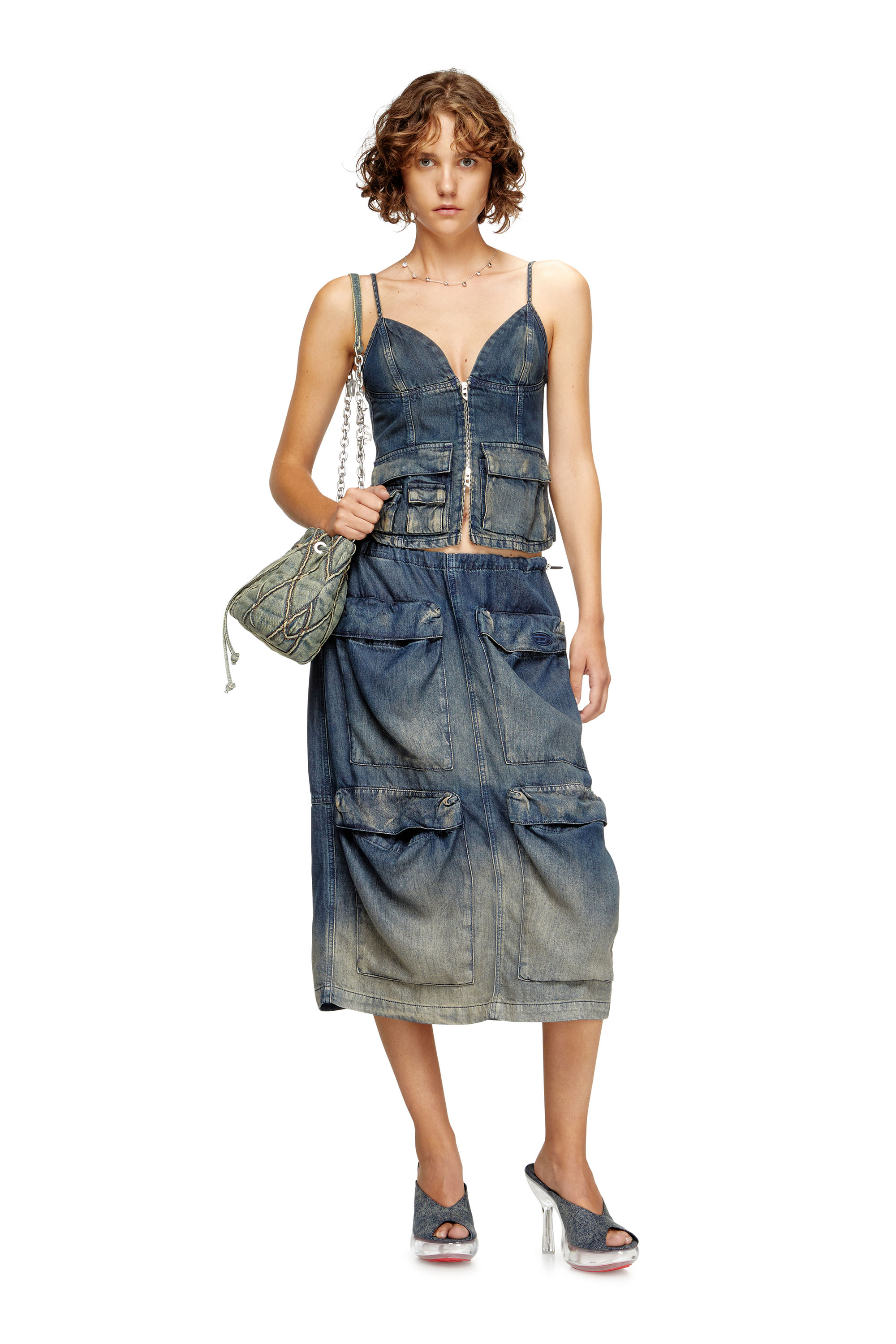 Diesel - DE-MEGI-S, Woman's Midi skirt in gradient fluid denim in Dark Blue - 1