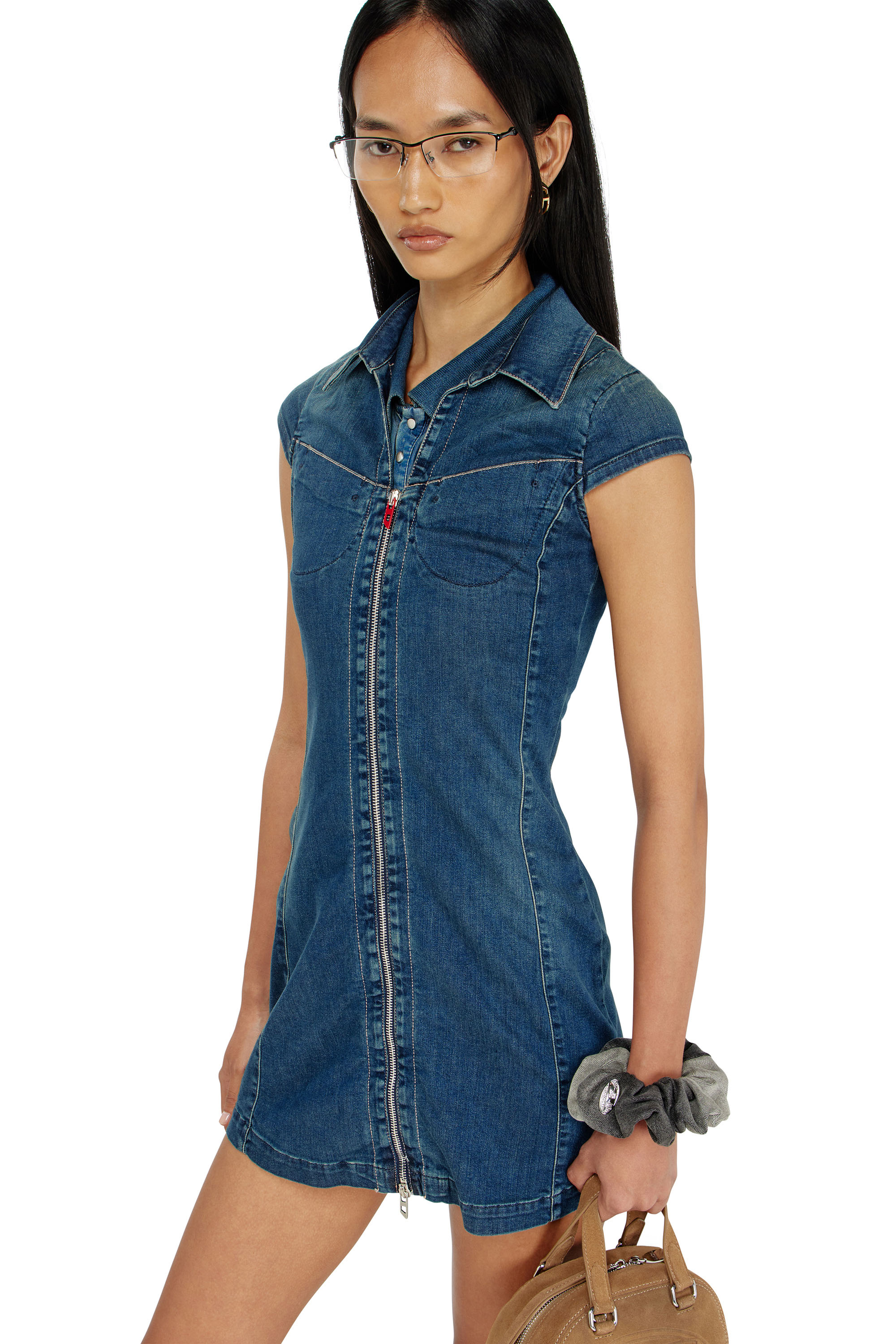 Diesel - DE-LORVYN-S, Woman's Denim shirt dress with full zip in Medium blue - 4