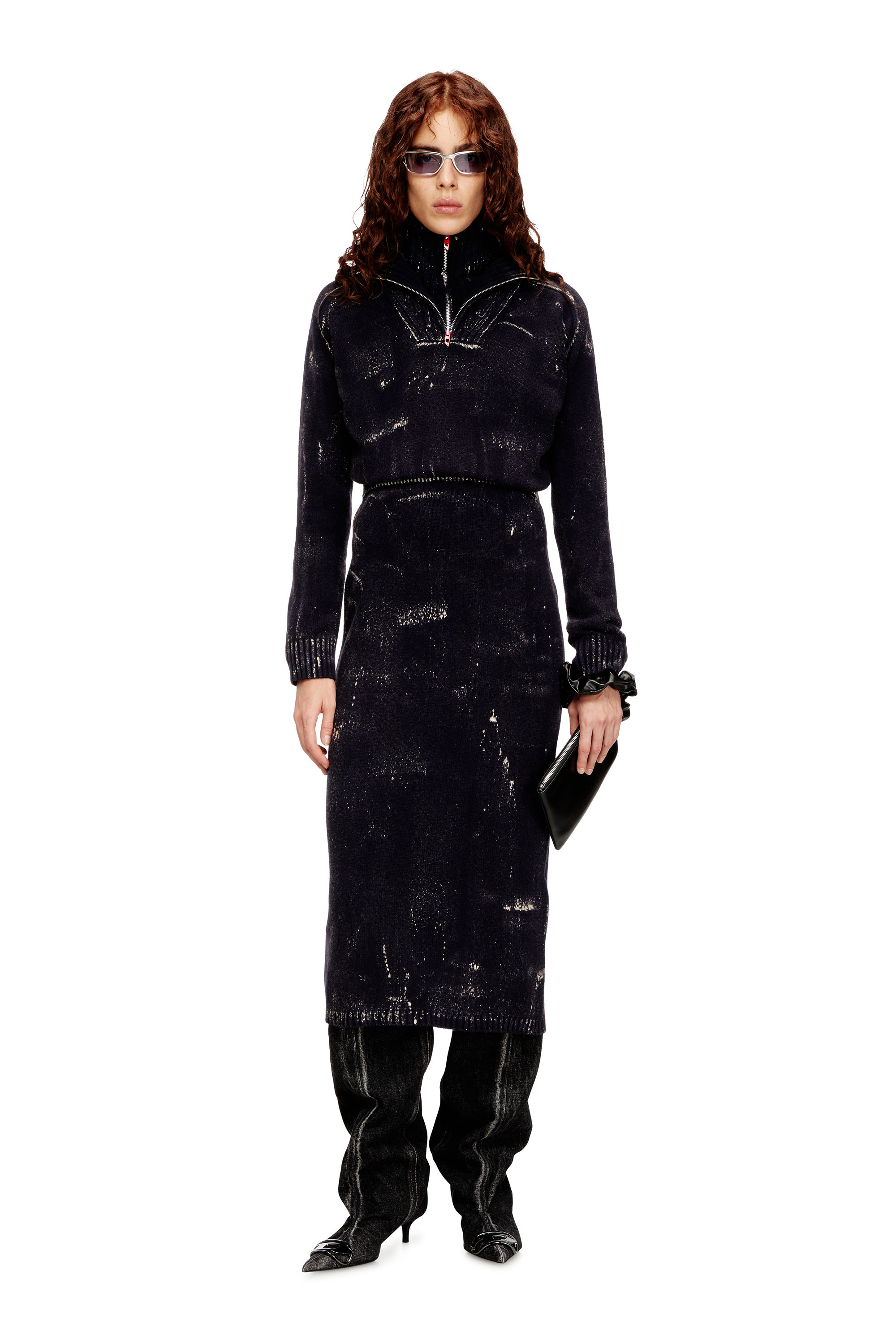 Diesel - M-MARCELLE, Woman's Midi dress in treated wool-blend knit in Black - 1