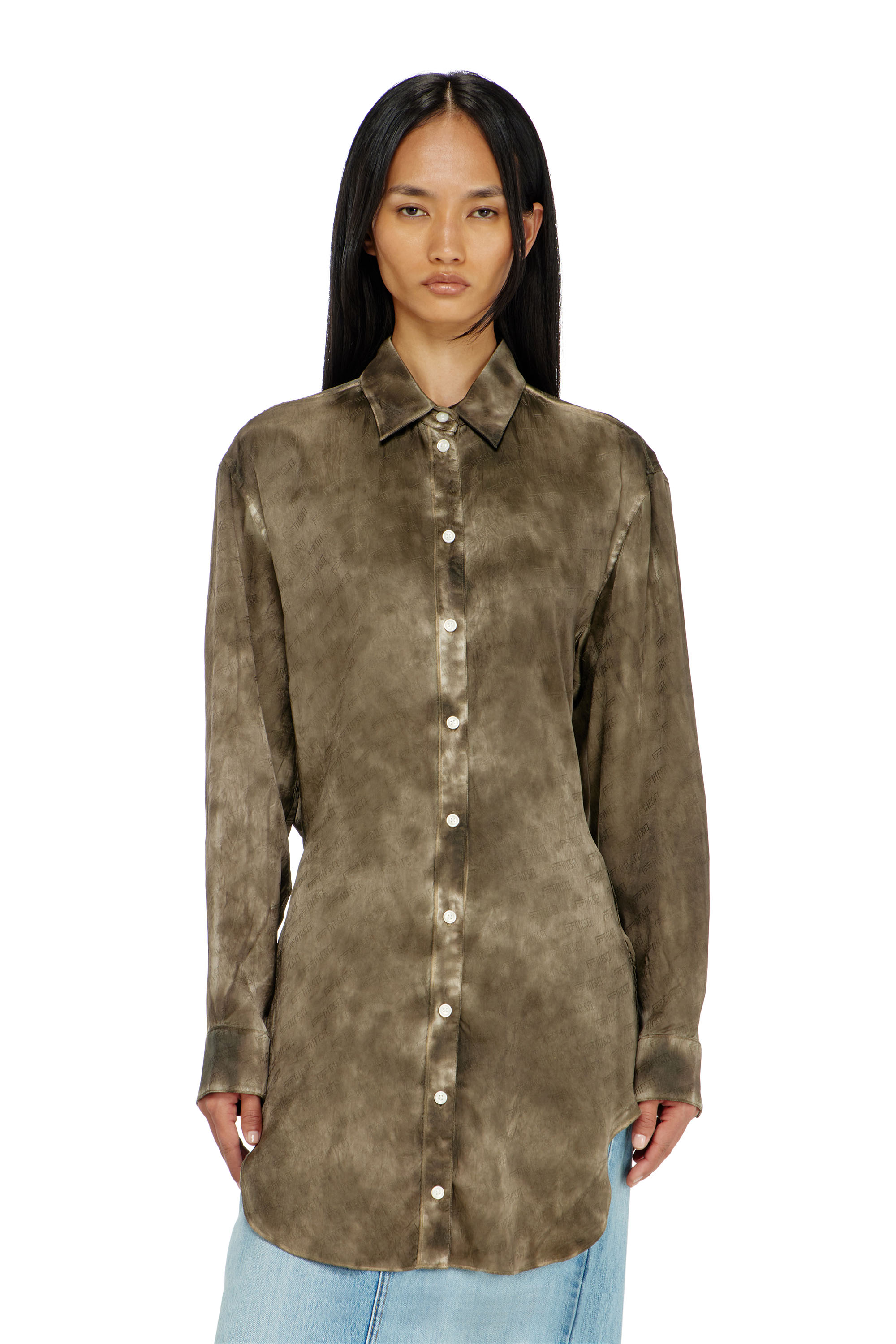 Diesel - C-LAVEL, Woman's Long shirt in logo-jacquard crinkled satin in Military Green - 4