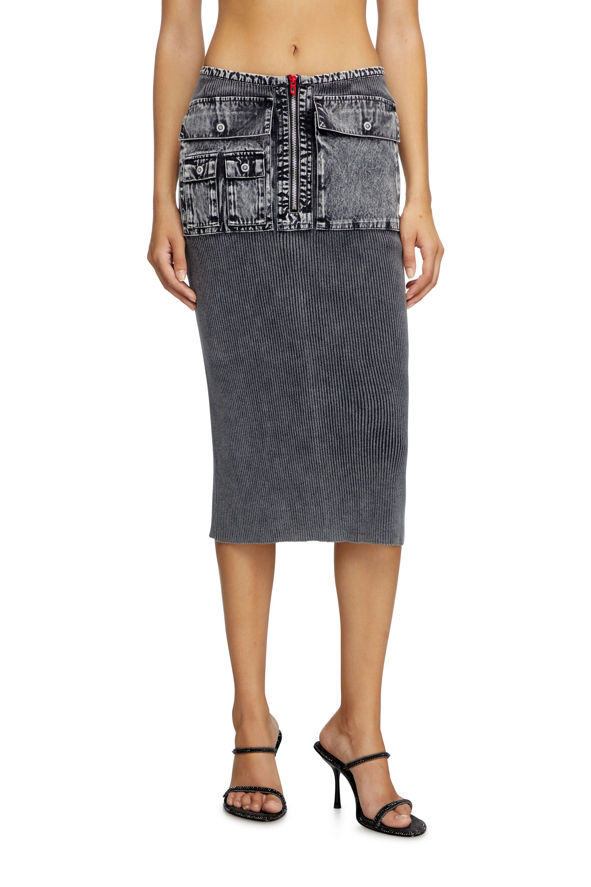 Diesel - M-MERYN, Woman's Knit midi skirt with denim cargo pockets in Dark grey - 1