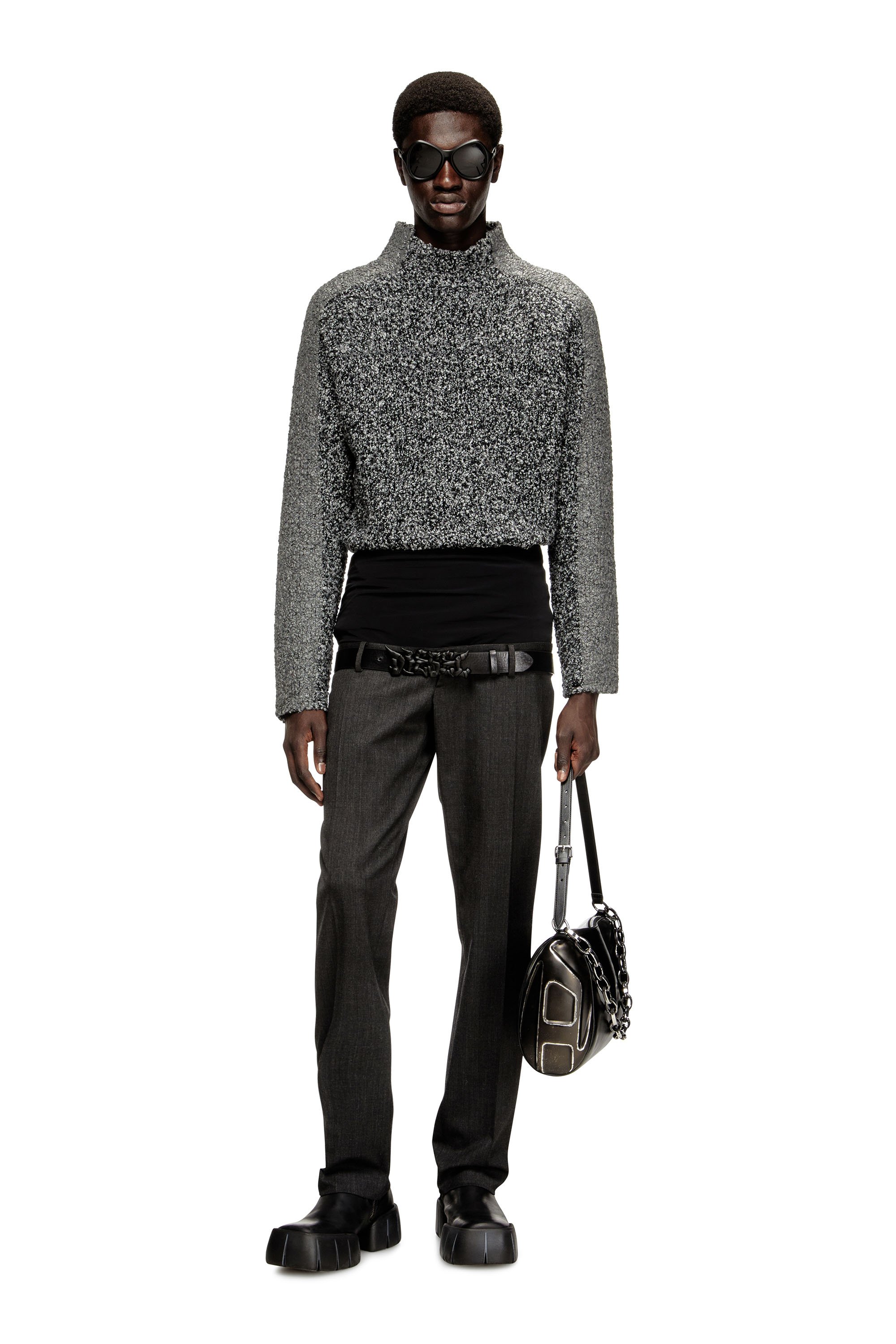 Diesel - K-ERLAND, Man's Bouclé-knit jumper with sleeve bands in Black - 2