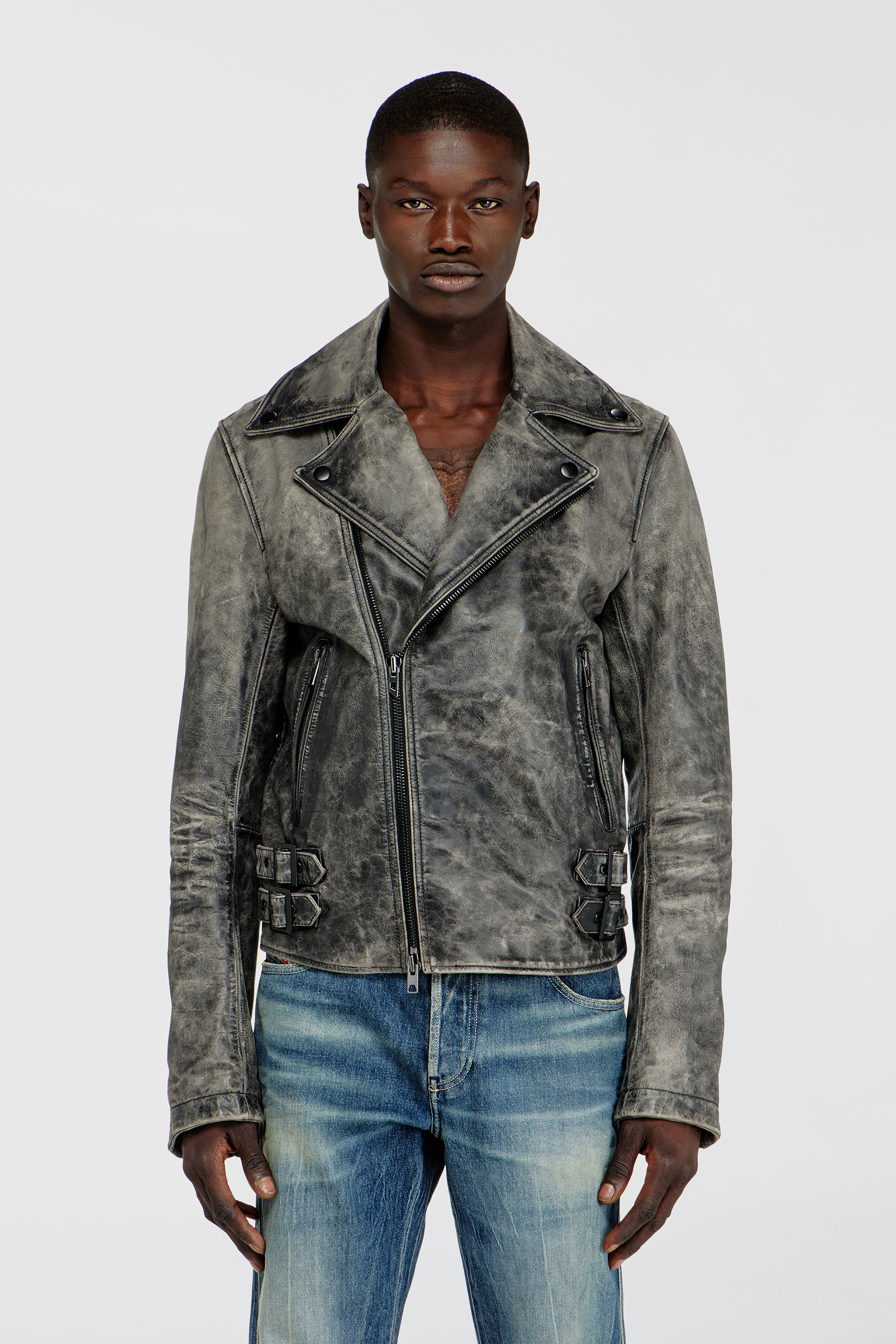 Diesel - L-EON-CJCM, Man's Biker jacket in treated leather in Dark grey - 2
