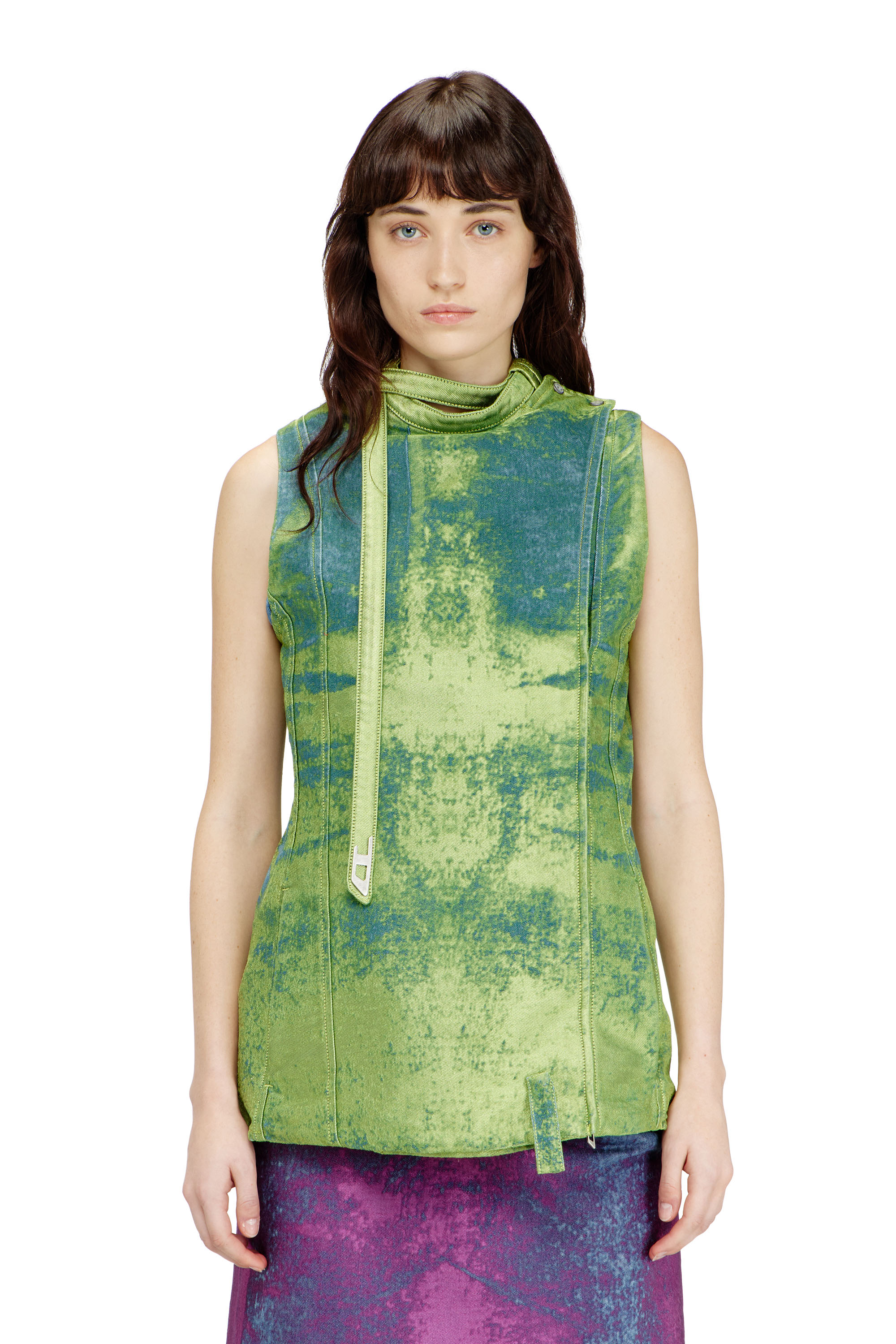 Diesel - DE-VANTOS-FSI, Woman's Belted vest in coloured satin denim in Green - 1