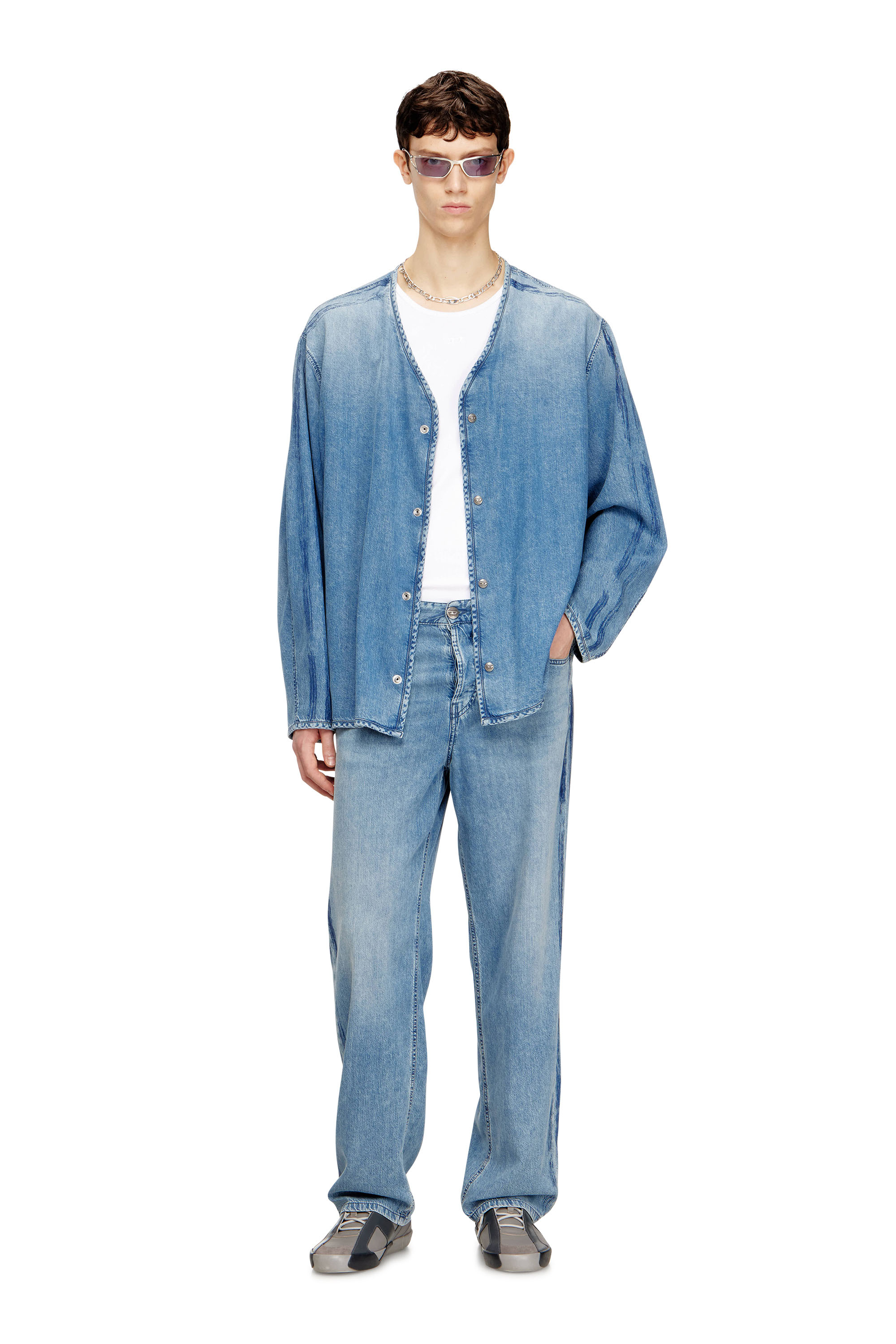 Diesel - D-CADI-S, Man's V-neck shirt in fluid denim with stripes in null - 2