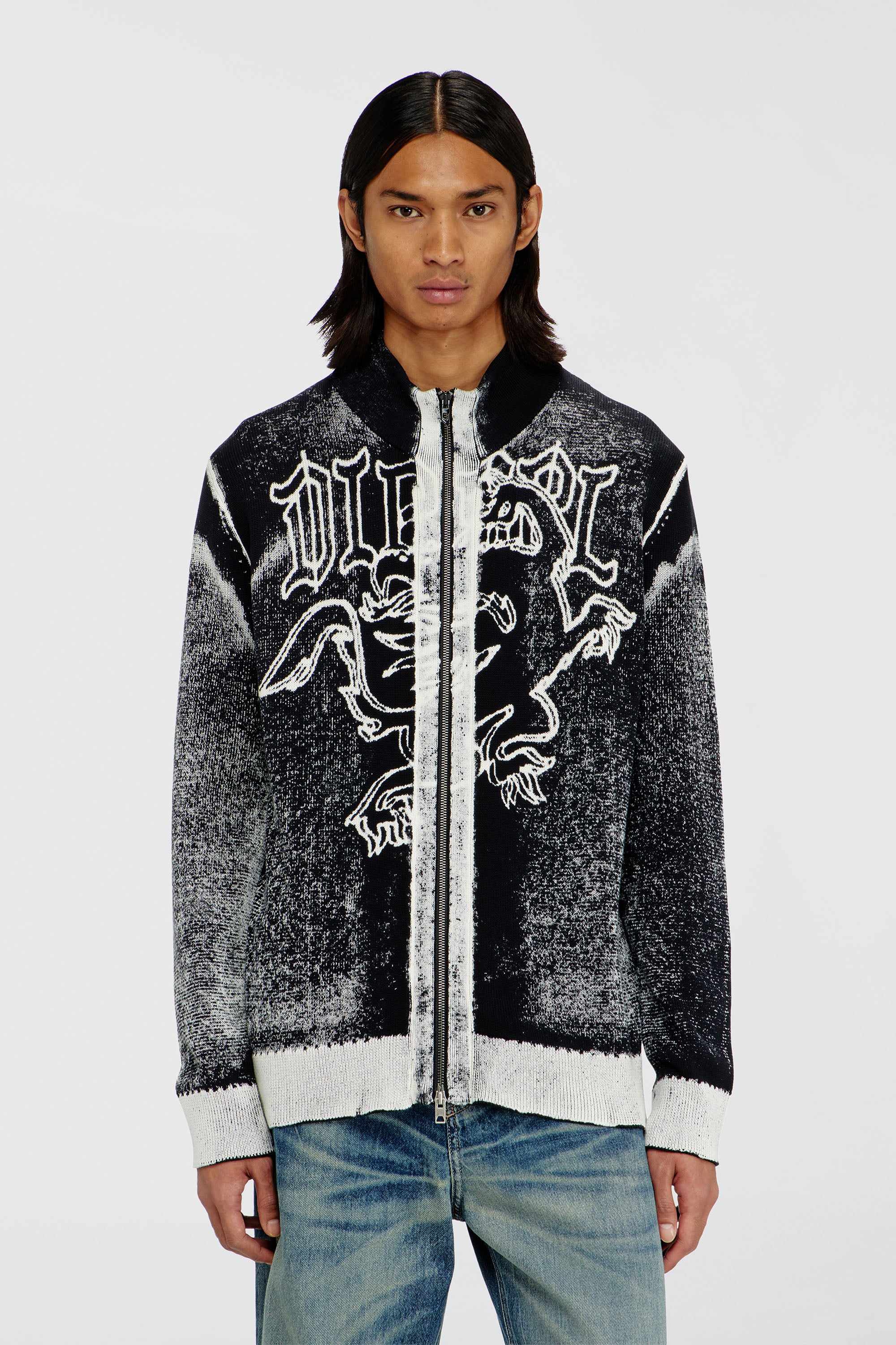 Diesel - K-LAUROS, Man's Treated zip cardigan with griffin motif in Black/White - 2