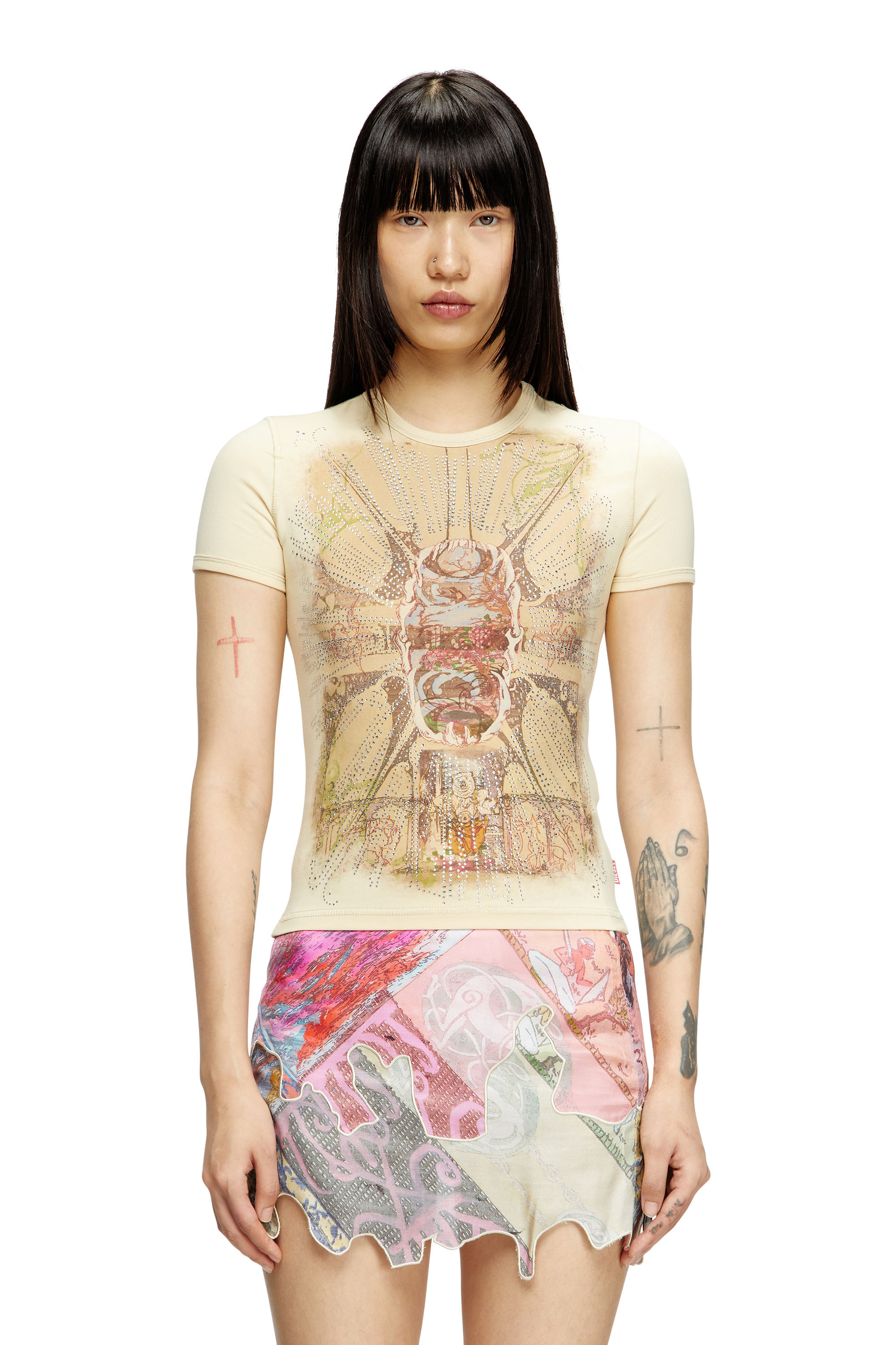 Diesel - T-UNCUTIES-LONG-R14, Woman's T-shirt with rhinestone graphic in Light Brown - 1
