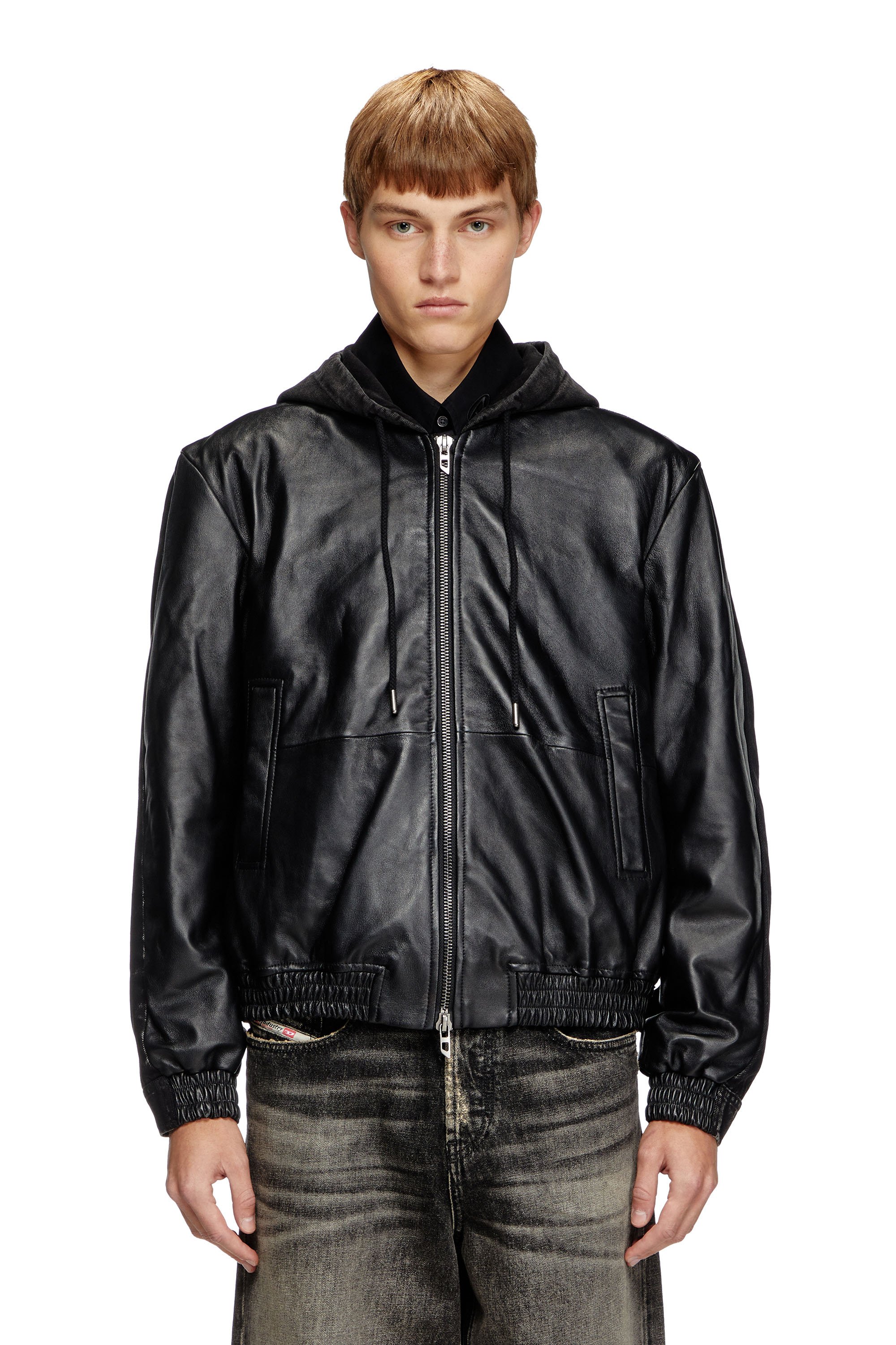 Diesel - L-OCHS, Man's Hooded jacket in leather, cotton and denim in Black - 1