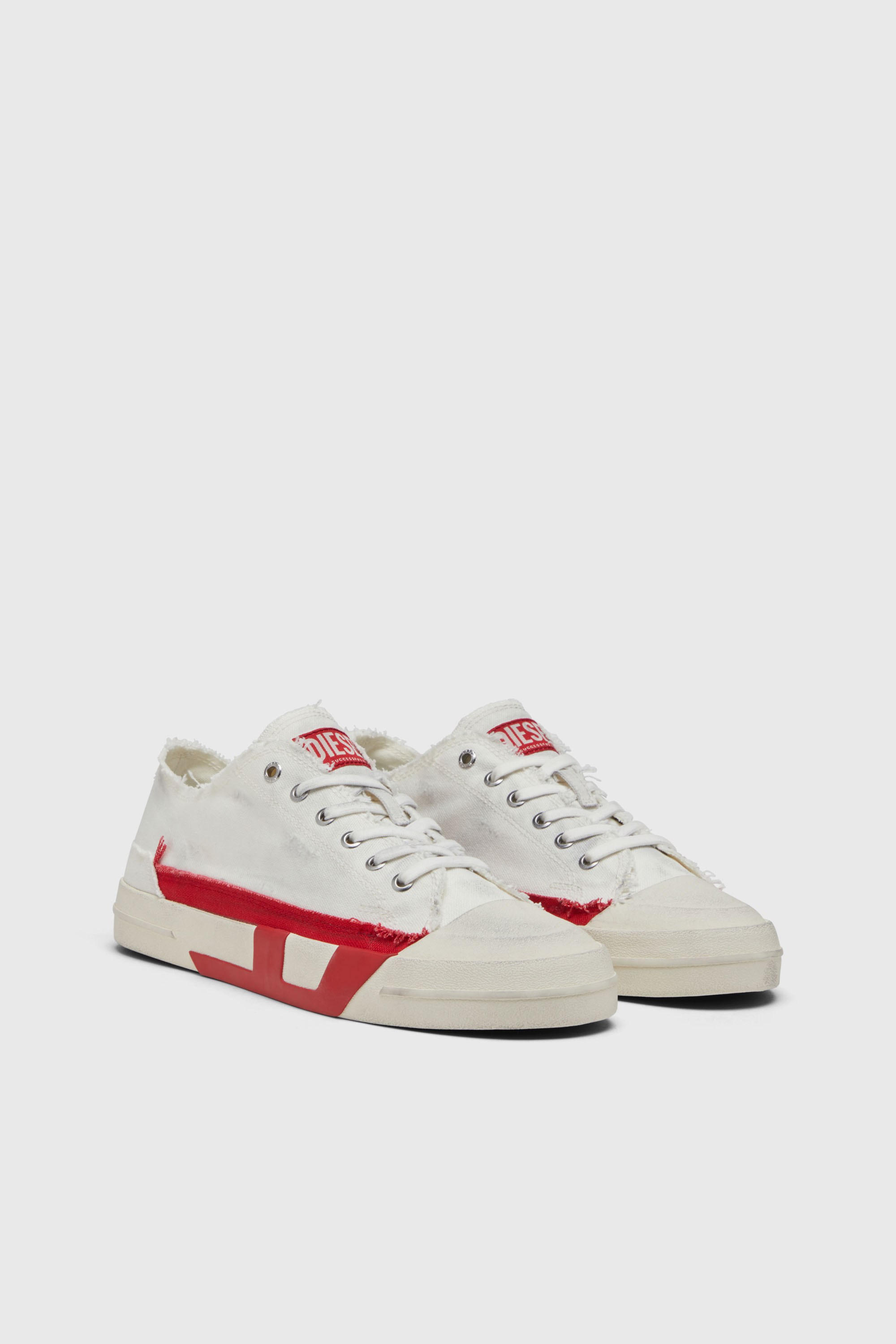 Diesel - S-D-VERSE LOW II, Man's S-D-Verse-Dirty-effect canvas sneakers in White/Red - 2