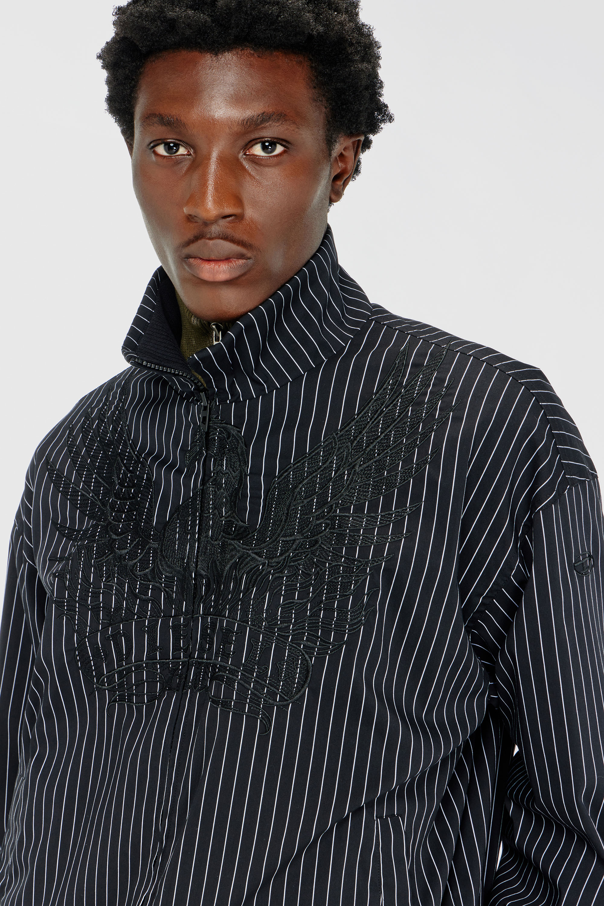 Diesel - J-CORSAR-NJCA, Man's Nylon pinstripe Jacket with Phoenix embroidery in Black - 5